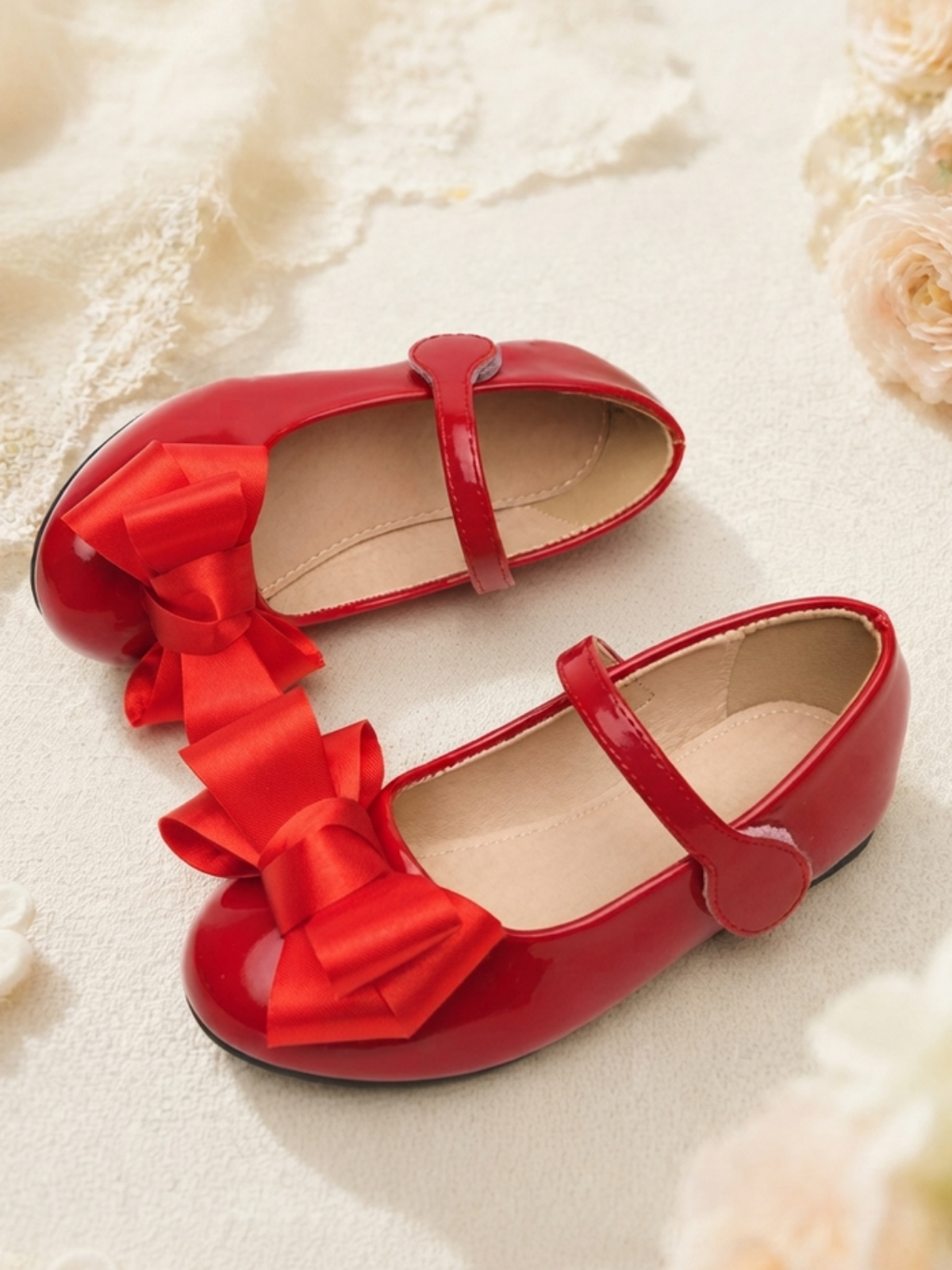 Girls Red Patent Mary Jane Flats with Bow Accent