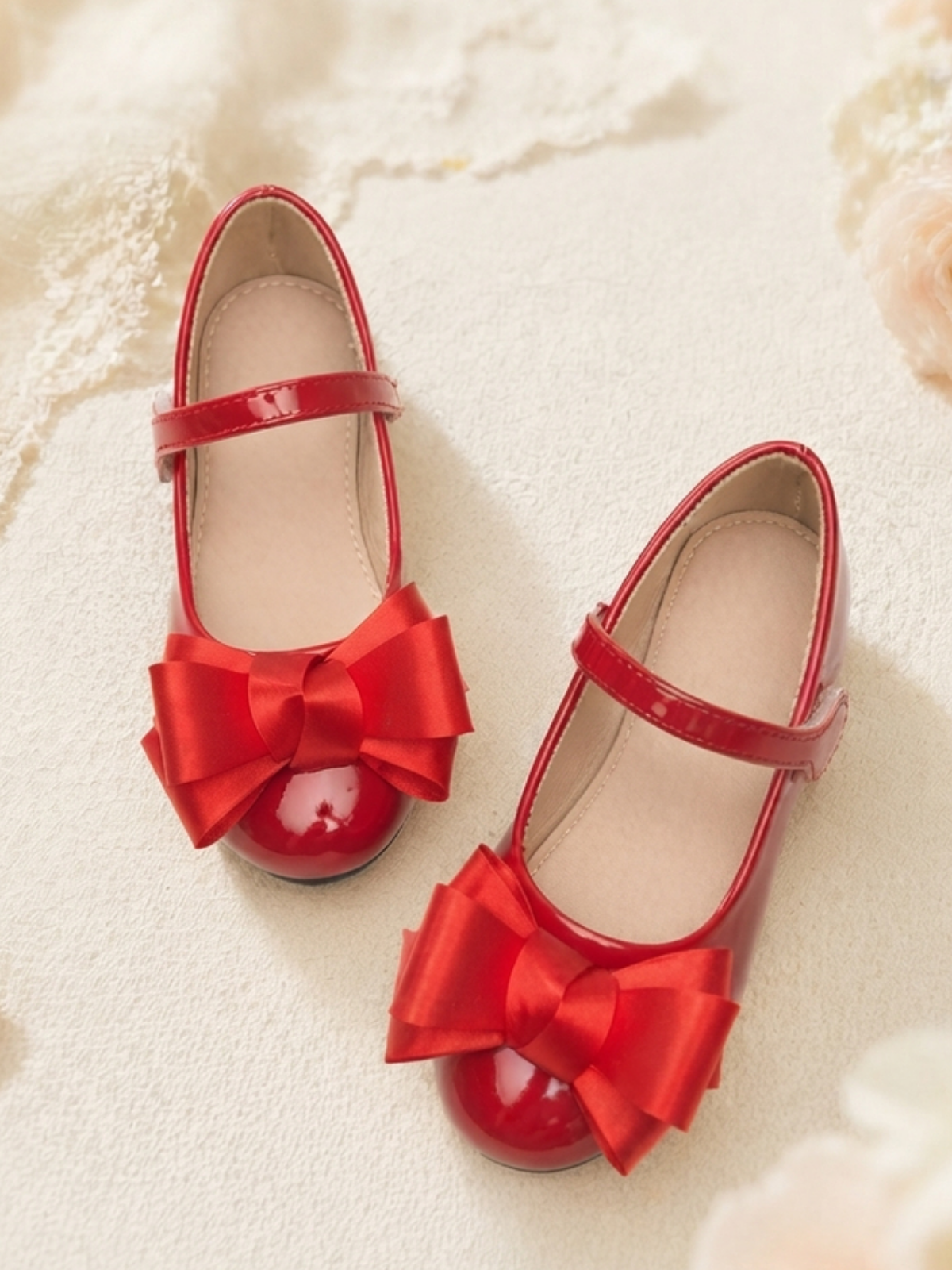Girls Red Patent Mary Jane Flats with Bow Accent
