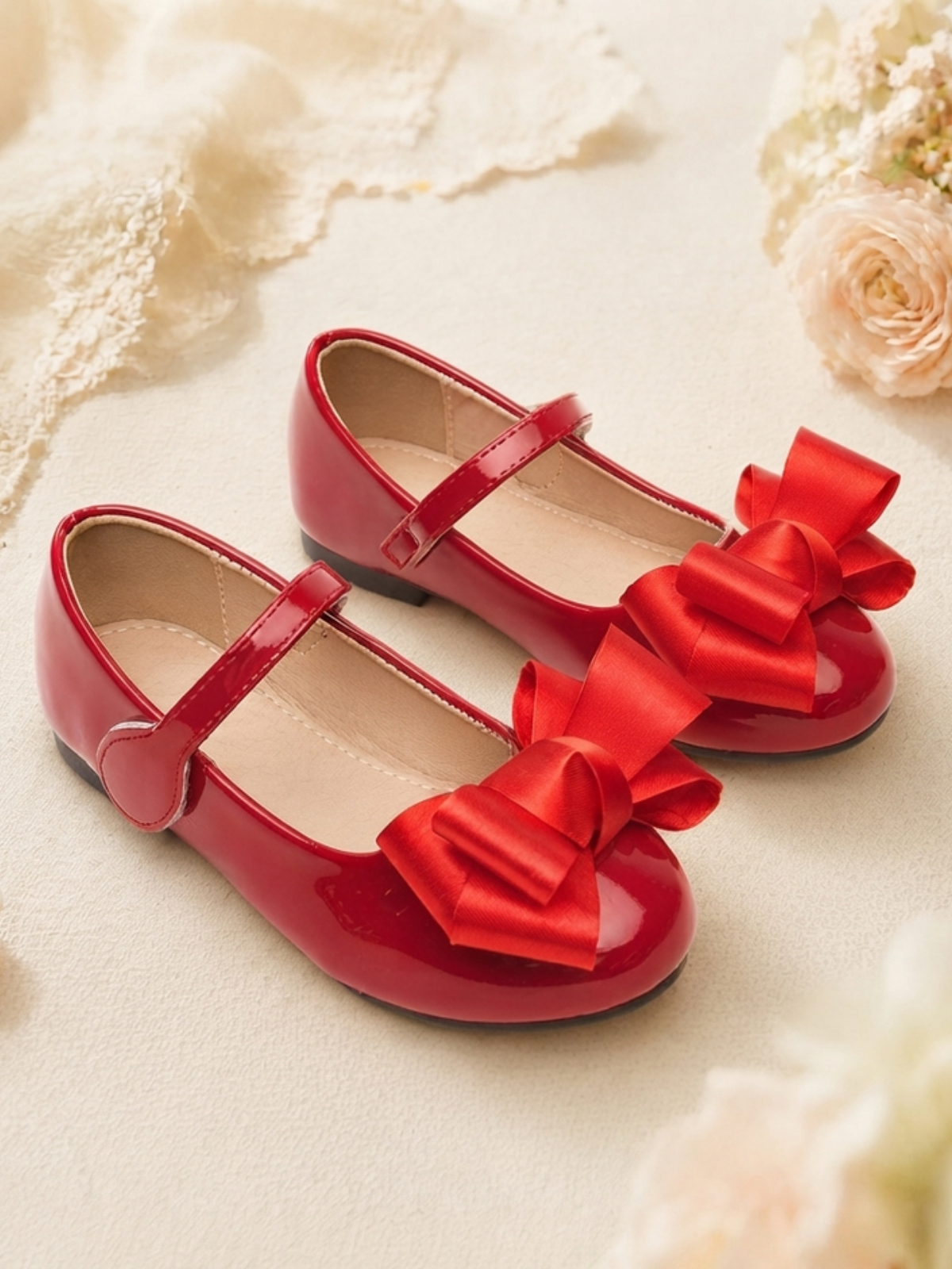Girls Red Patent Mary Jane Flats with Bow Accent