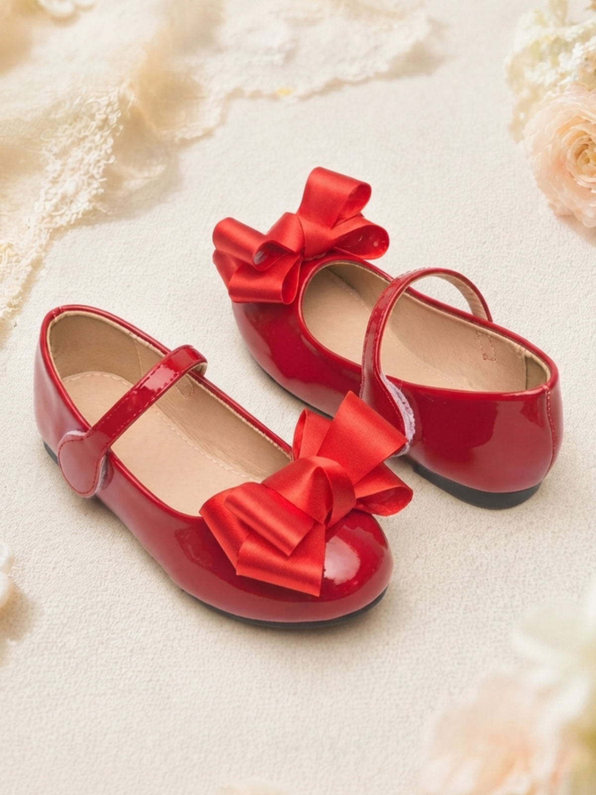 Girls Red Patent Mary Jane Flats with Bow Accent
