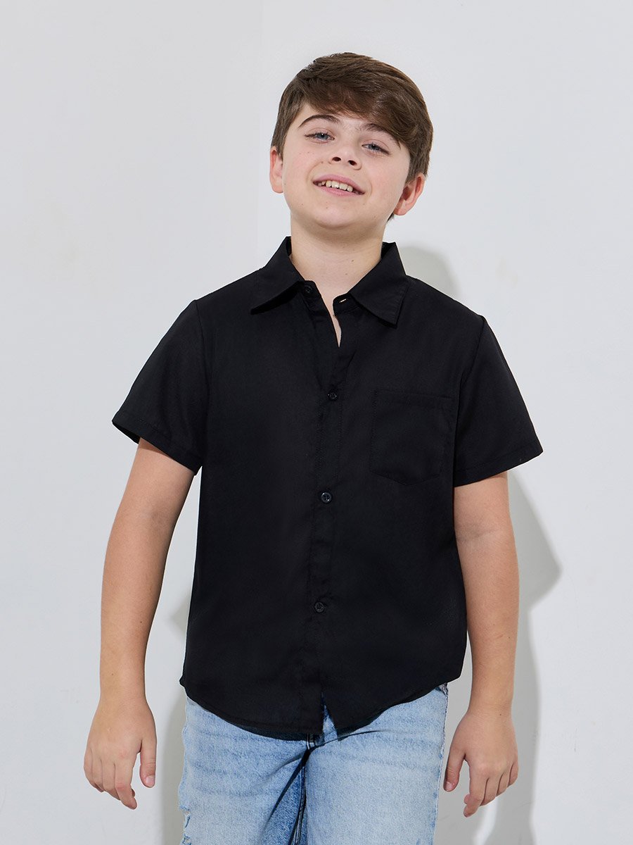 Teen Boys Black Solid Pocket Detail Short Sleeves Shirt