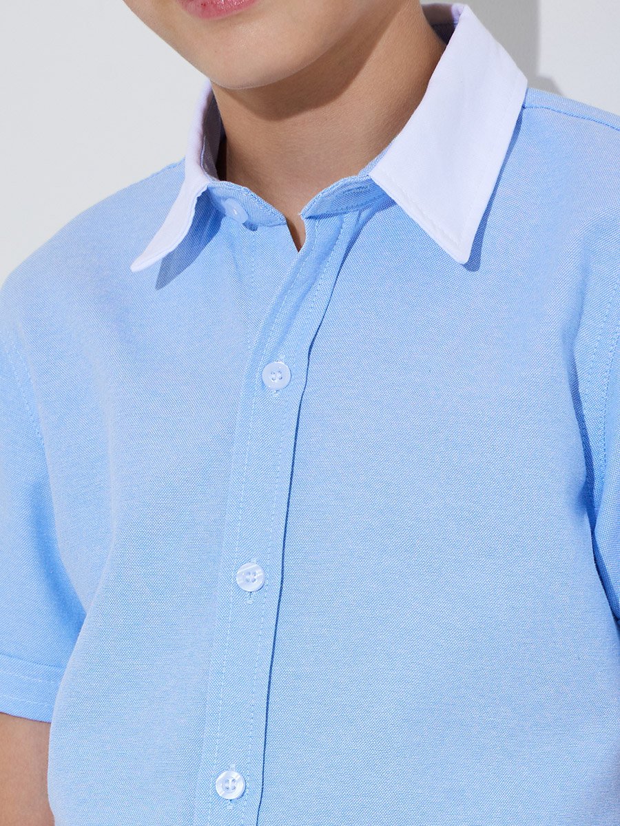 Teen Boys Light Blue Solid Contrast Collar Short Sleeves Shirt