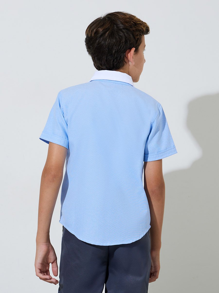 Teen Boys Light Blue Solid Contrast Collar Short Sleeves Shirt