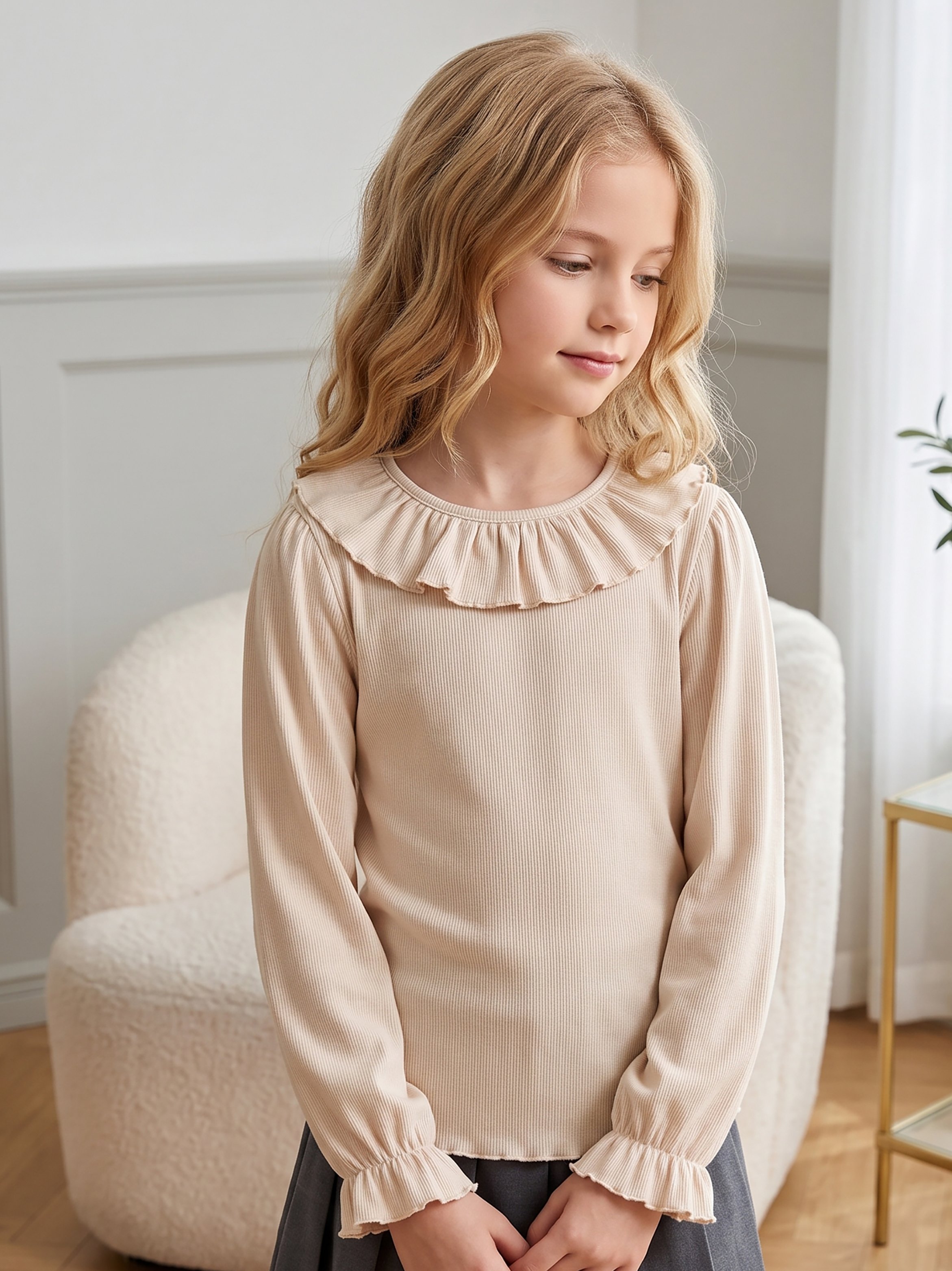 Girls Long Sleeve Ribbed Ruffle Neck T-Shirt