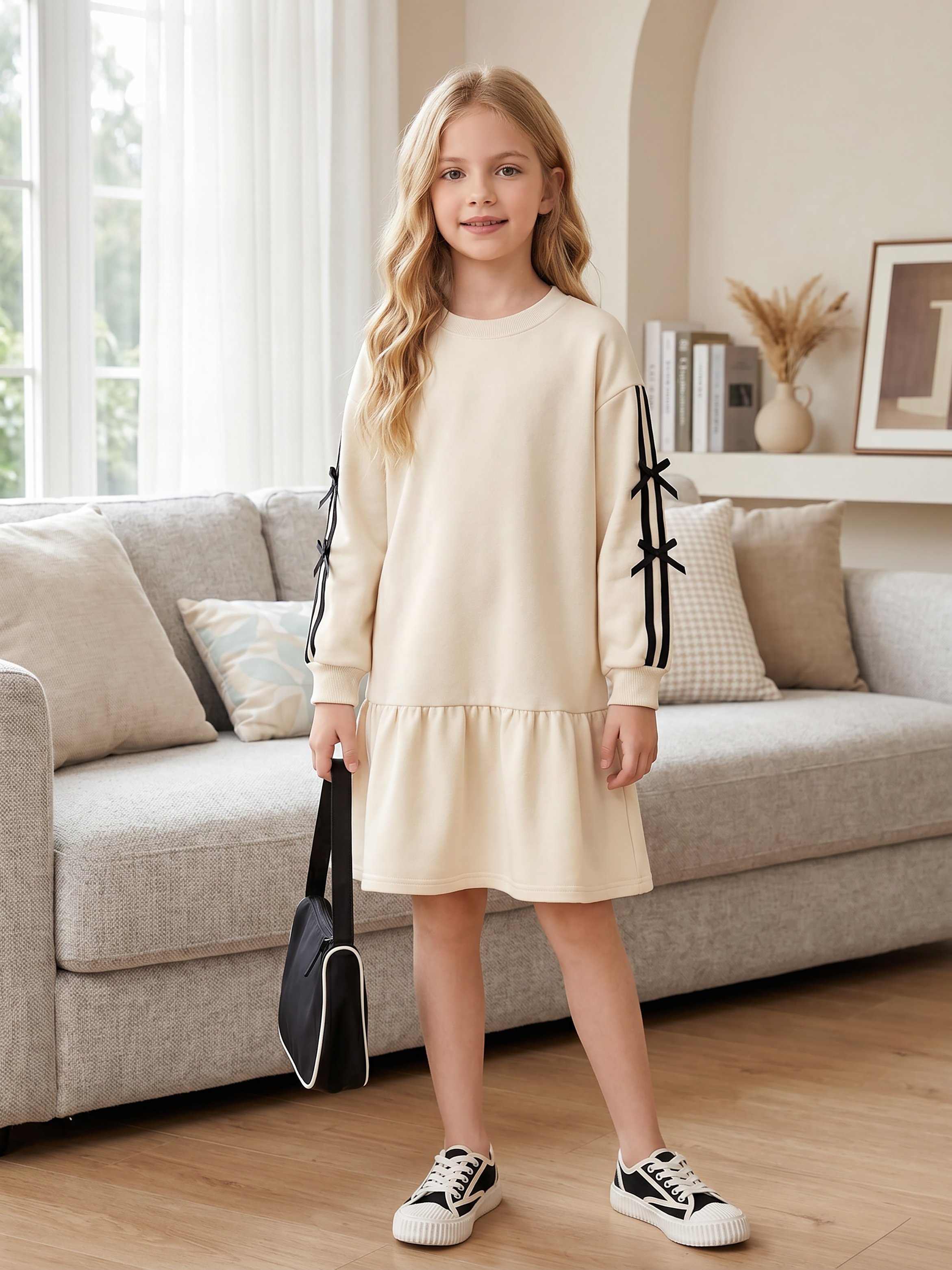 Girls Beige Long Sleeve Round Neck T-Shirt Dress with Bow Detail