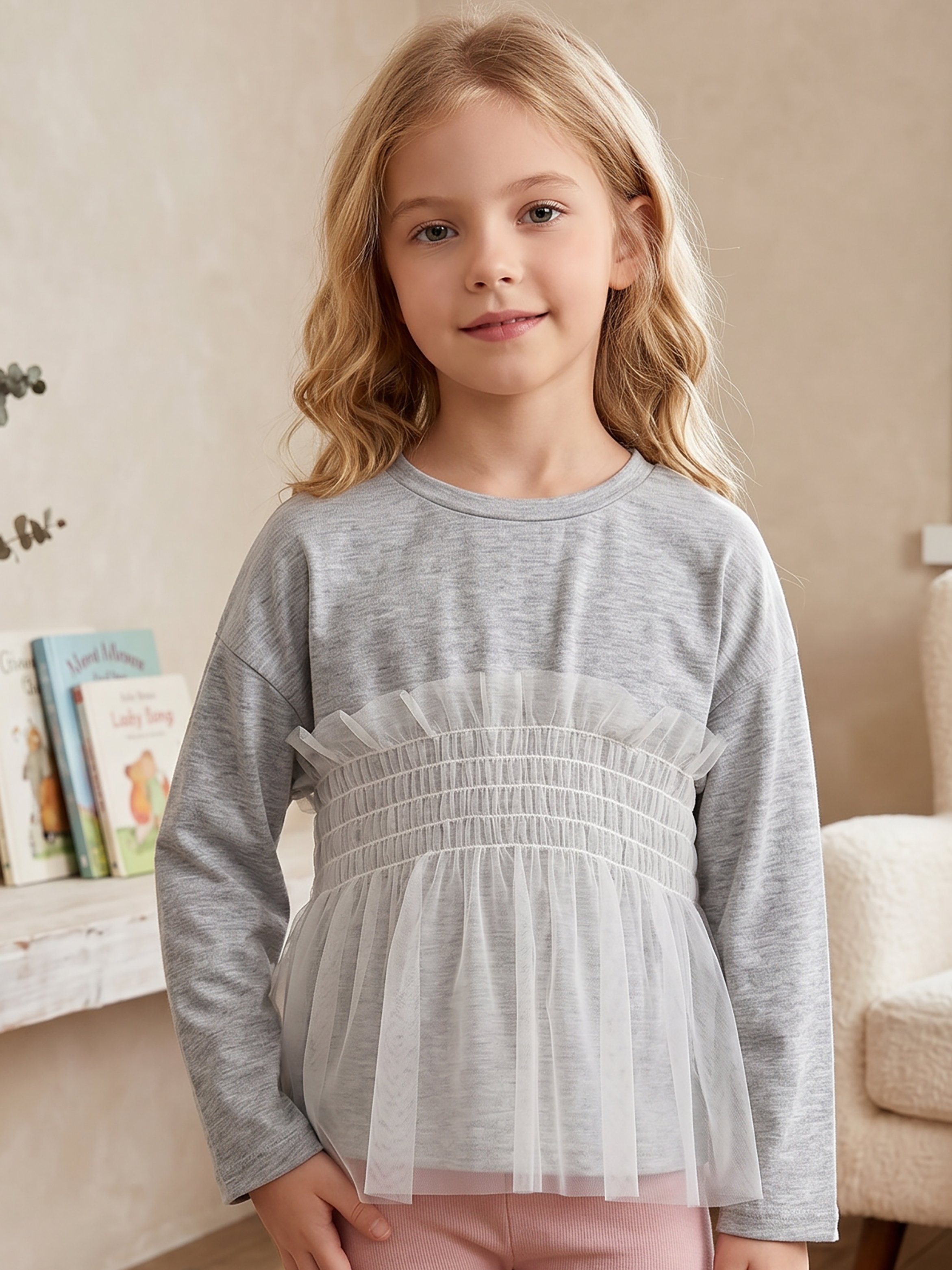Girls Grey Long Sleeve Tulle Layered T-Shirt
