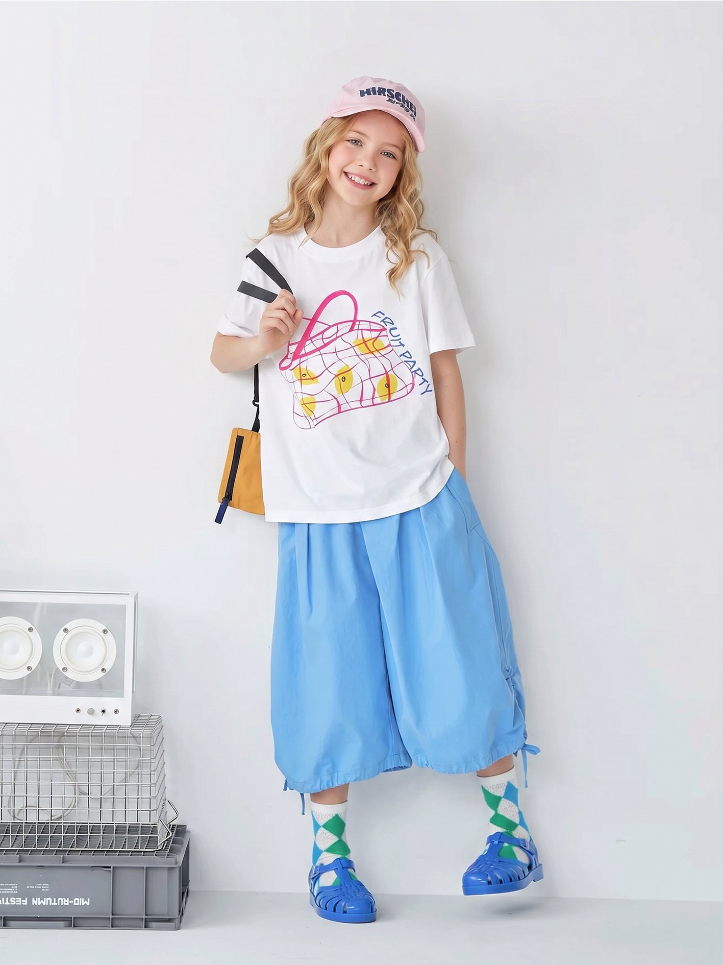 Girls White Round Neck T-Shirt with Fruit Party Print
