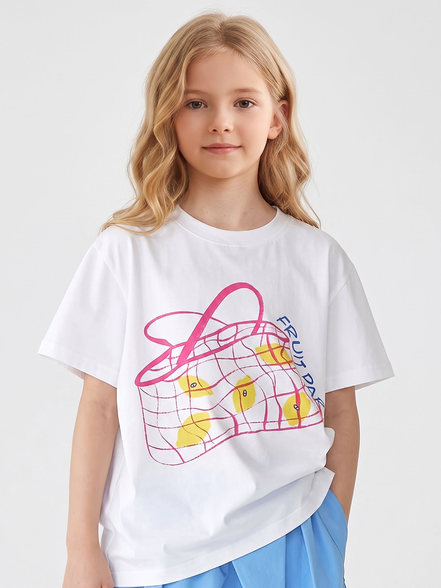 Girls White Round Neck T-Shirt with Fruit Party Print