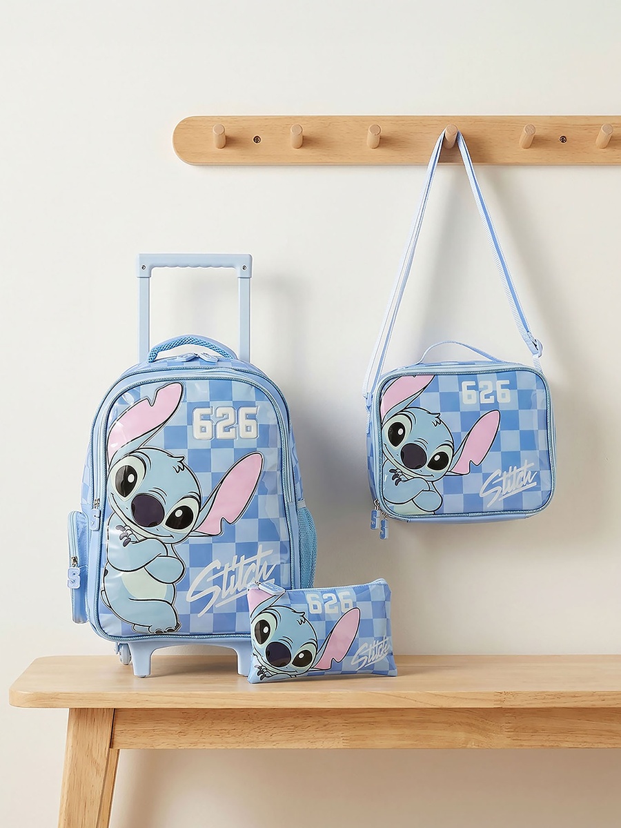Stitch Print 3-Piece School Trolley Bag Set with Lunch Bag - 16 inches