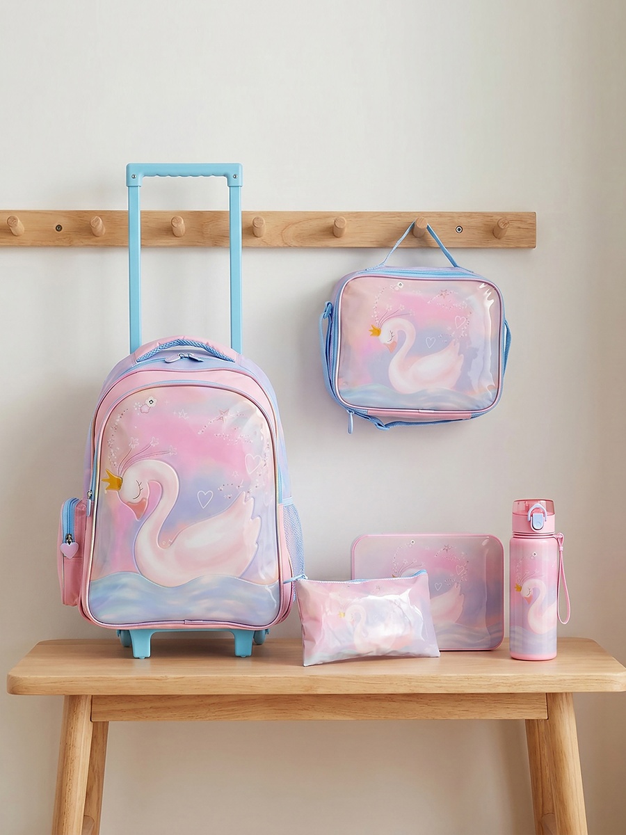 Swan Print 5-Piece School Trolley Bag Set with Lunch Bag - 16 inches