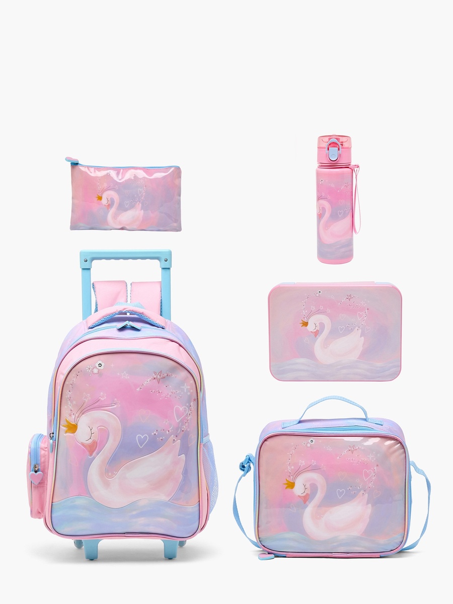 Swan Print 5-Piece School Trolley Bag Set with Lunch Bag - 16 inches