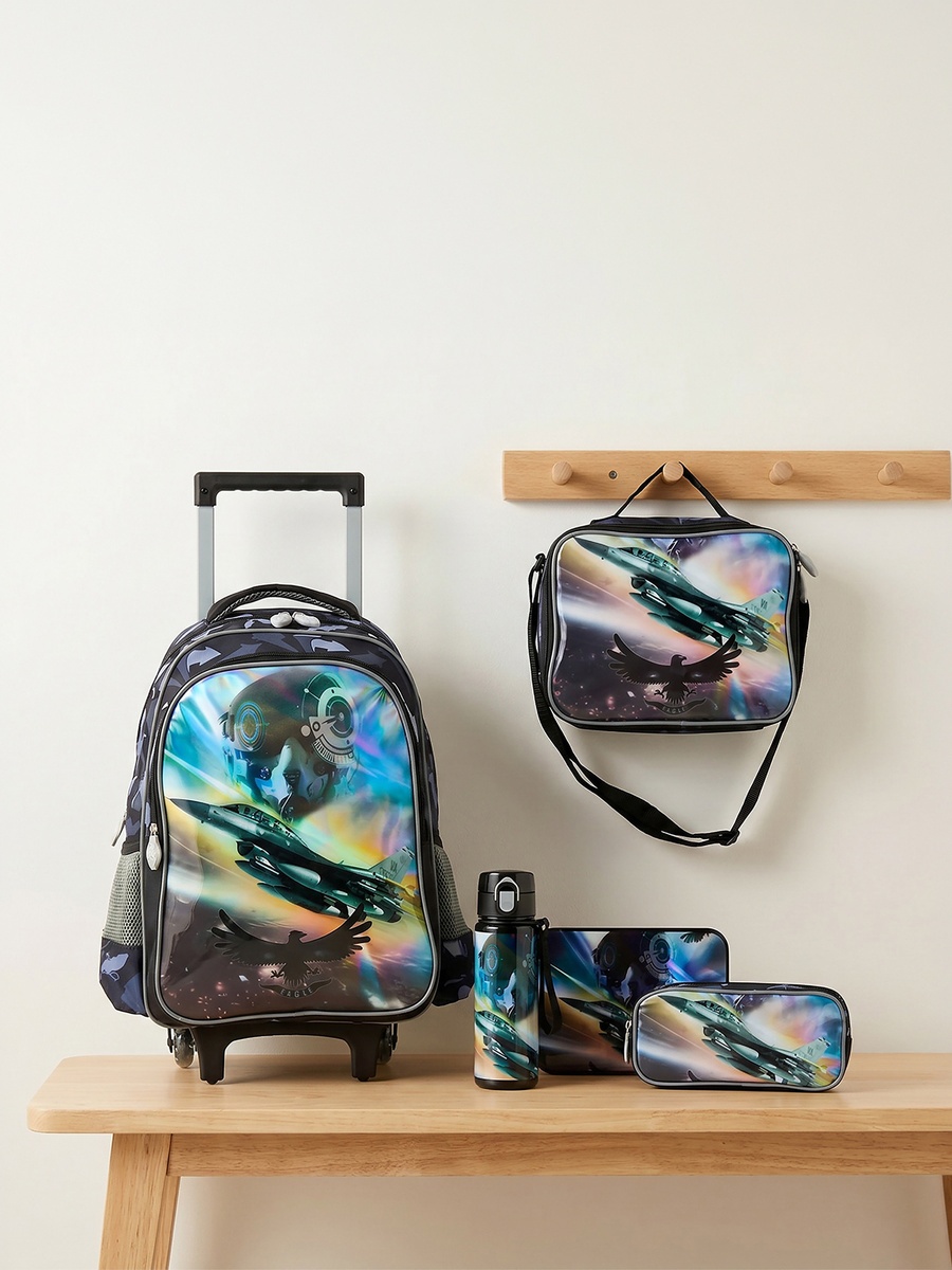 Printed 5-Piece School Bag Set with Lunch Box and Bottle - 16 inches
