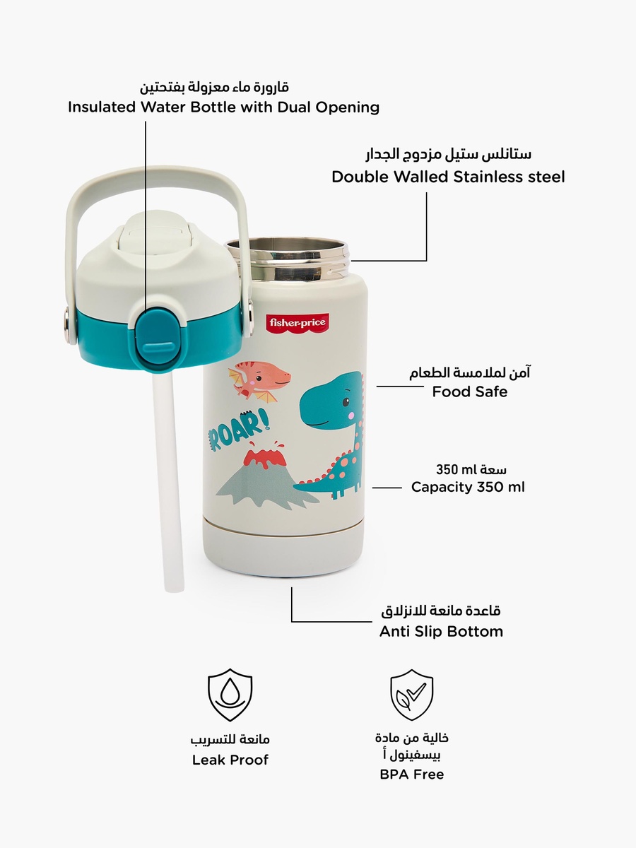 Fisher-Price Dinosaur Print Stainless Steel Water Bottle with Flip Spout and Handle