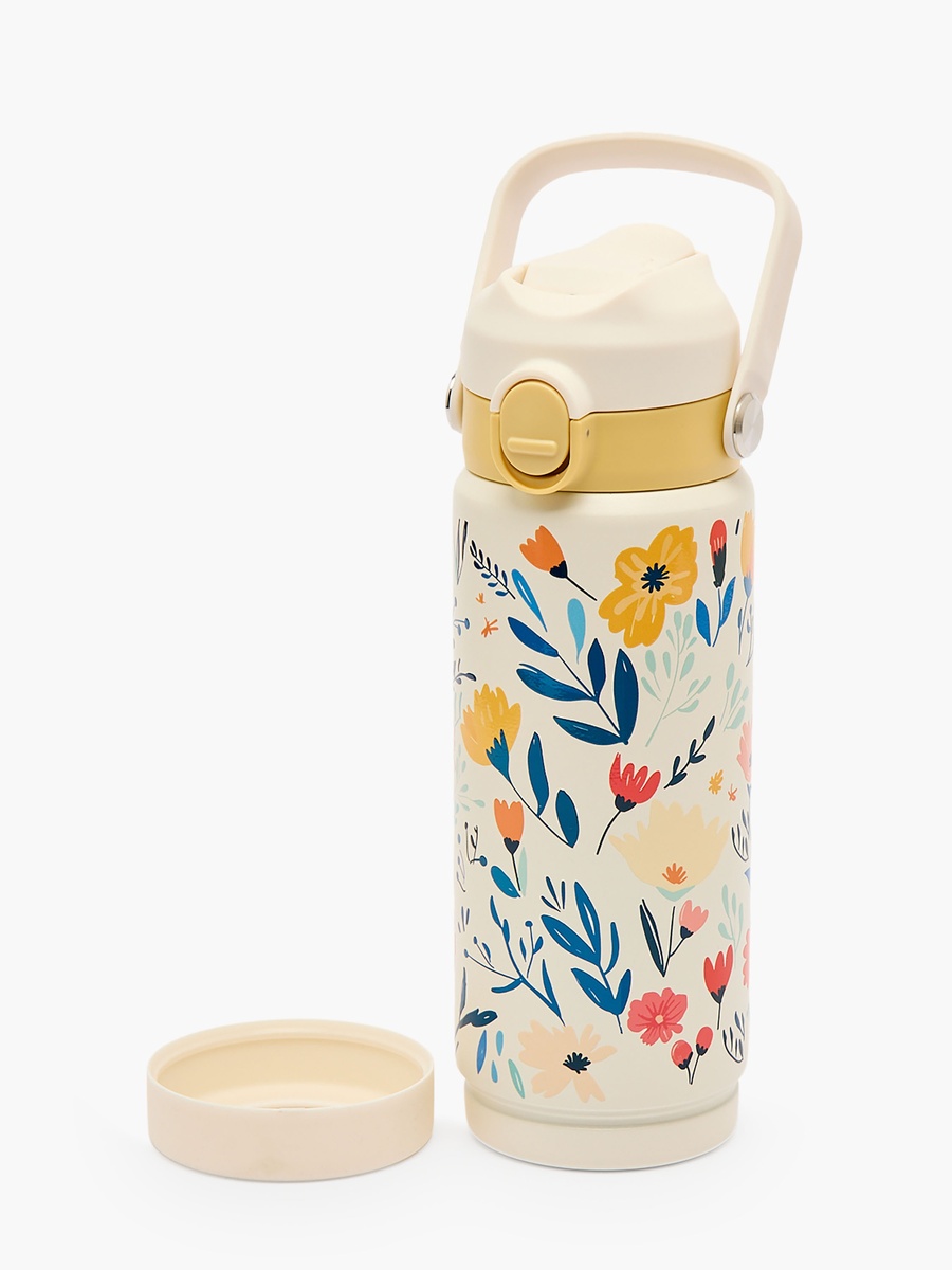 Floral Print Stainless Steel Water Bottle with Spout and Straw