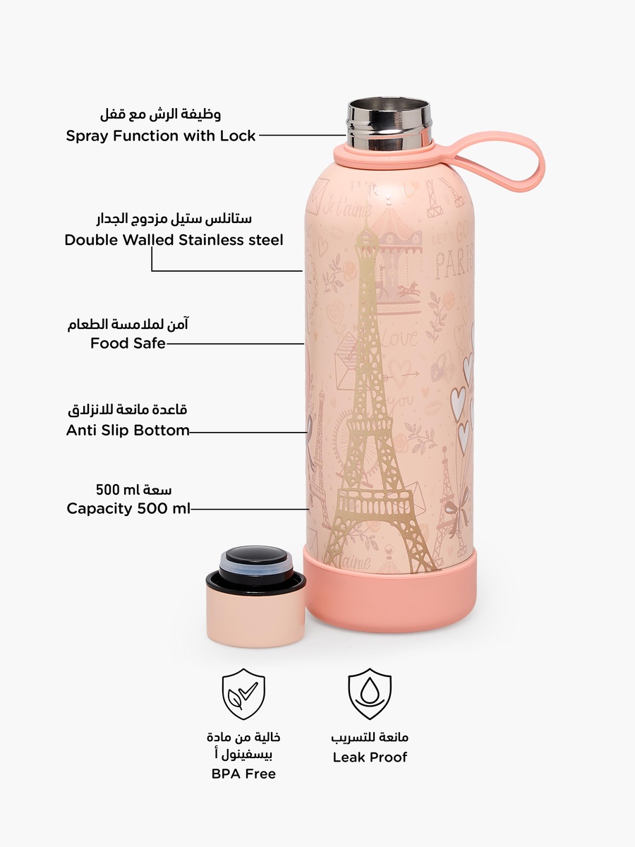 Paris Print Stainless Steel Water Bottle with Loop Handle