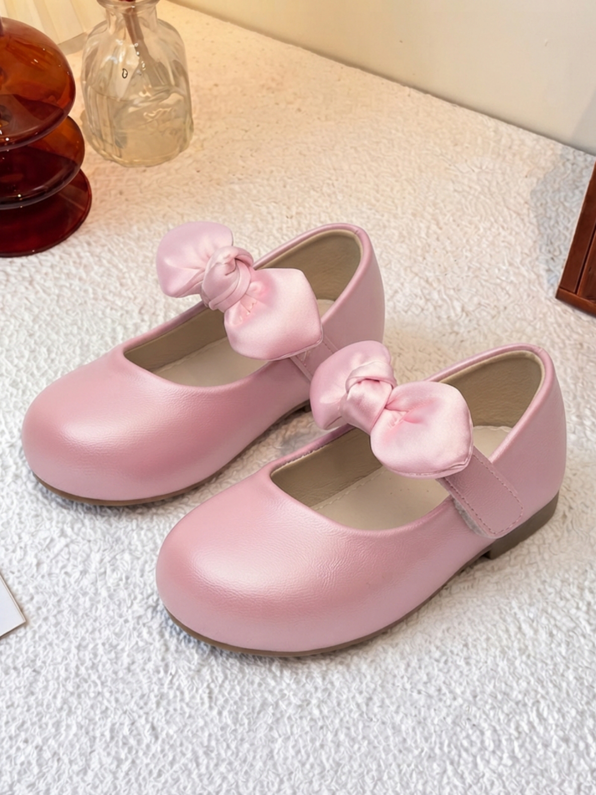 Girls Light Pink Bow Mary Jane Flats with Velcro Closure
