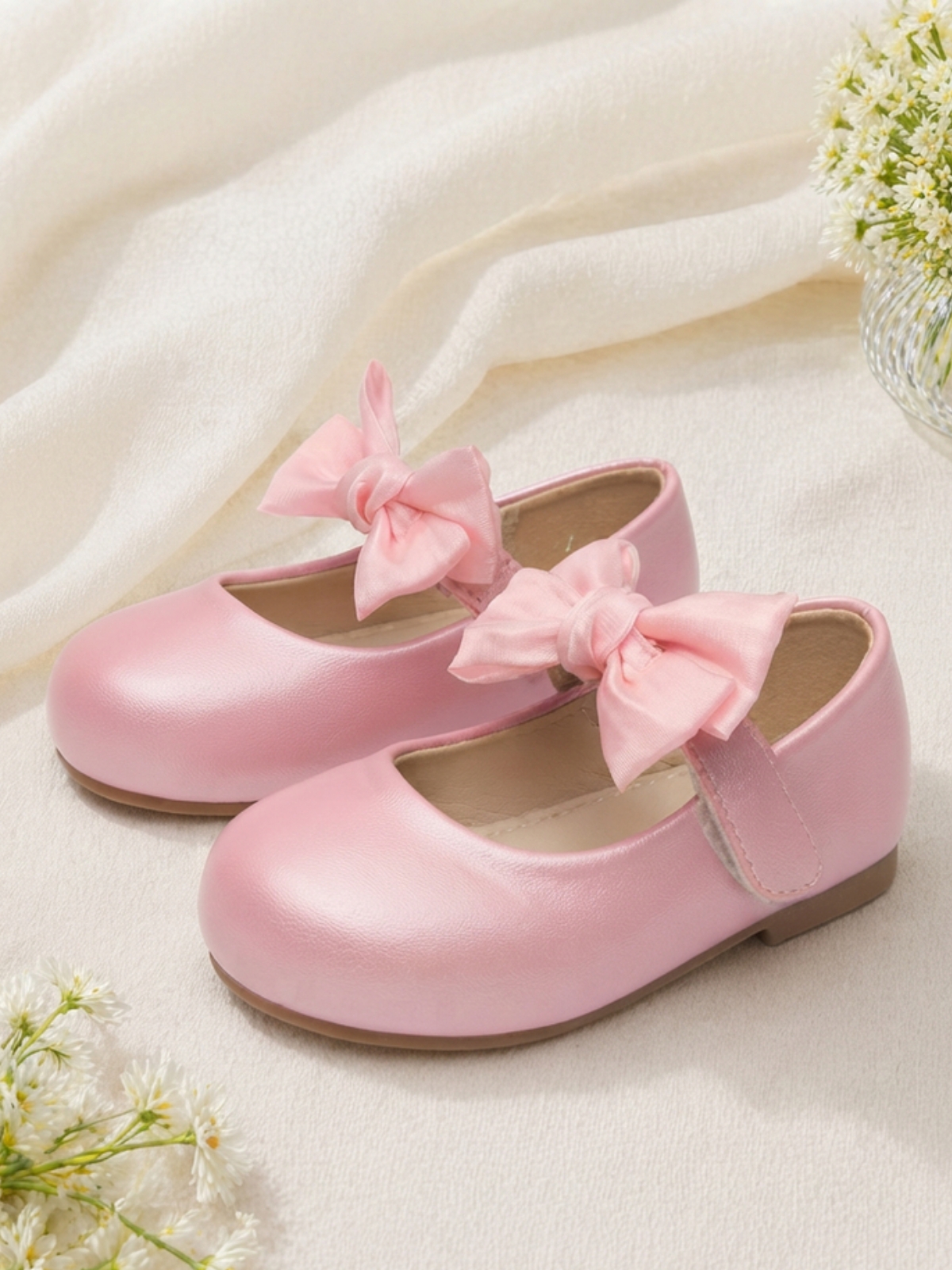 Girls Pink Bow Mary Jane Flats with Velcro Closure