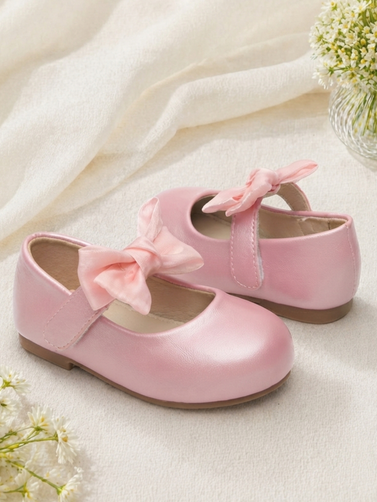 Girls Pink Bow Mary Jane Flats with Velcro Closure