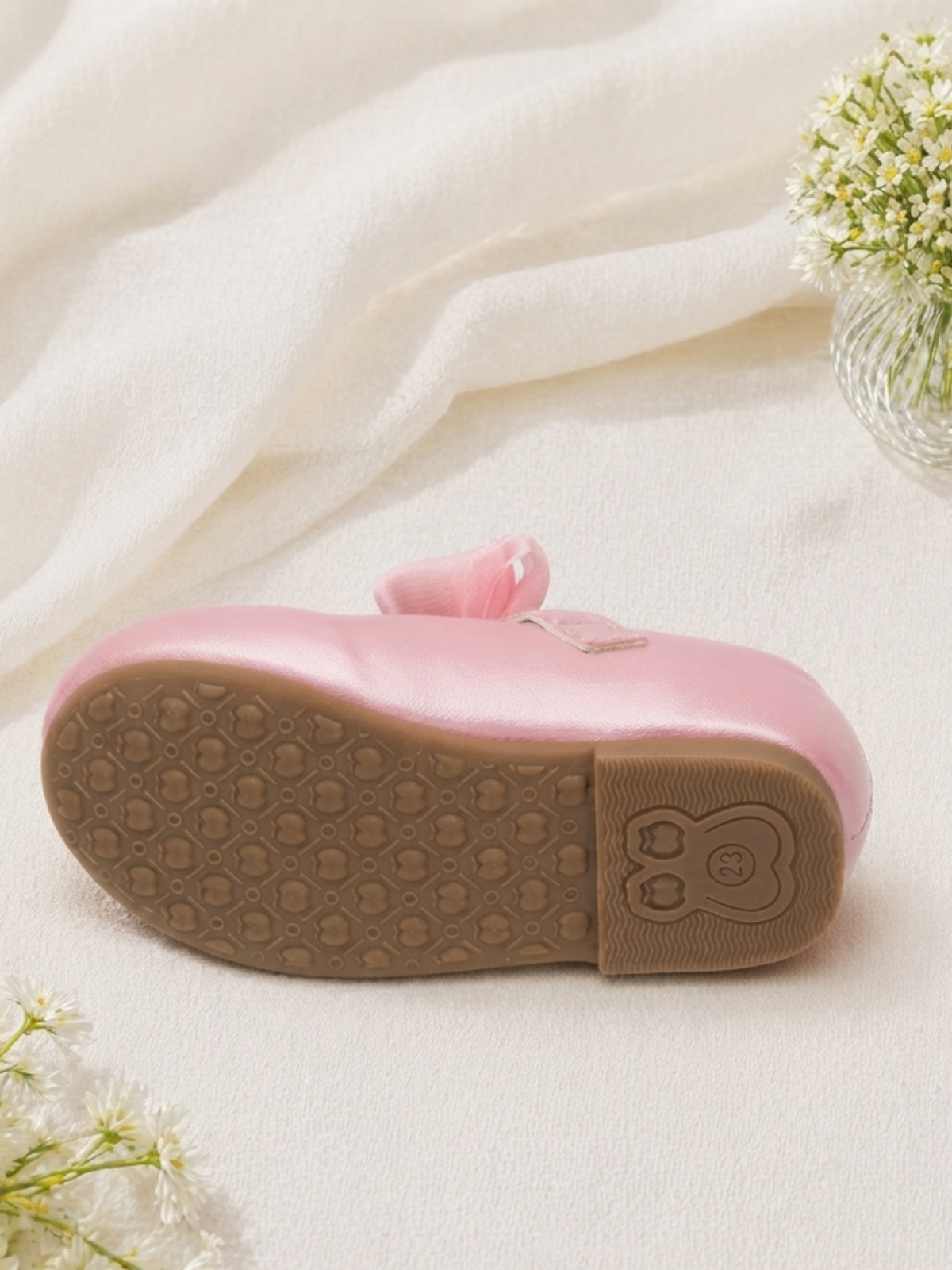 Girls Pink Bow Mary Jane Flats with Velcro Closure