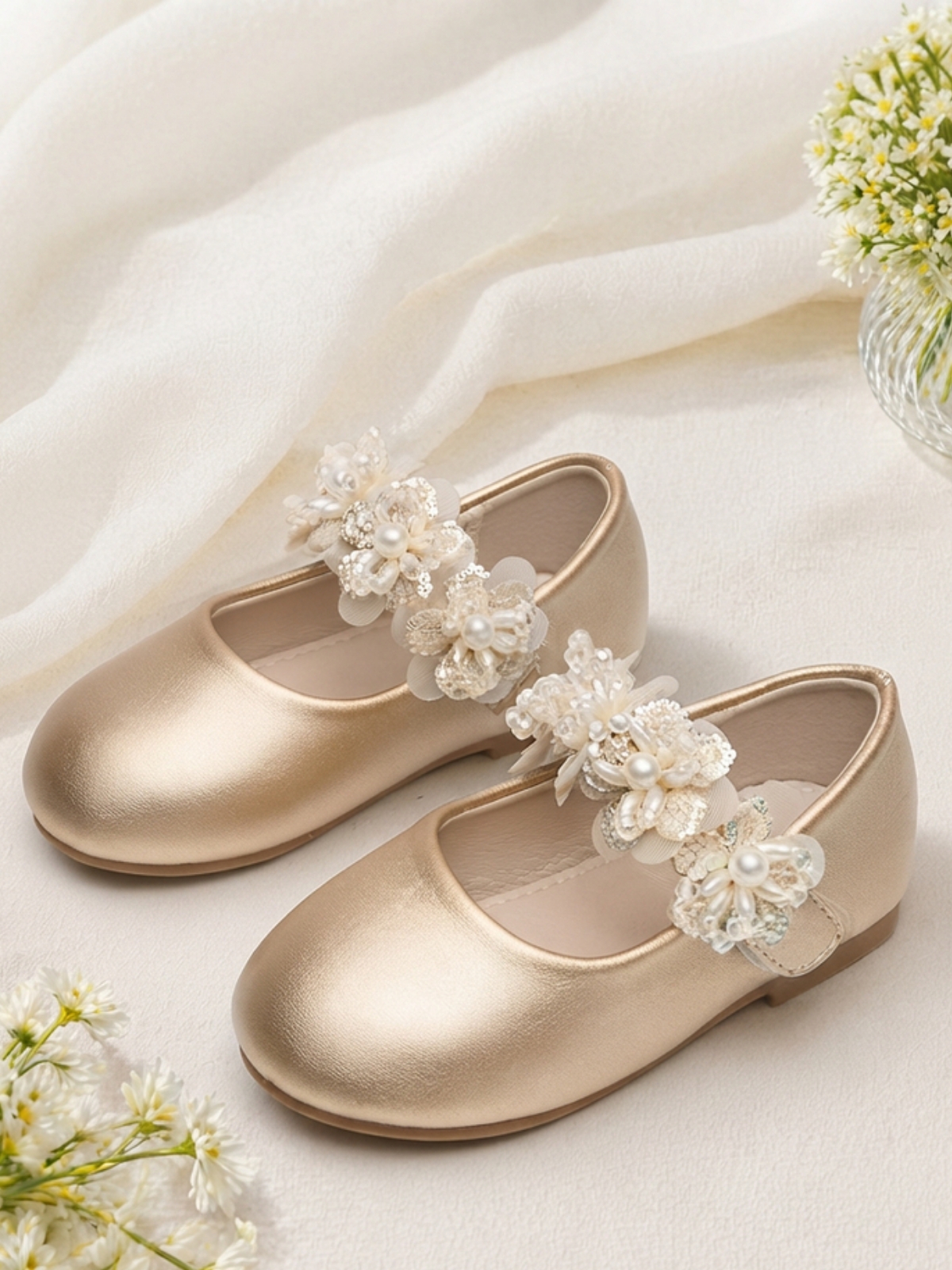 Girls Gold Floral Embellished Mary Jane Flats