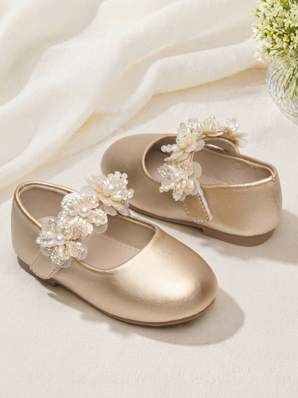 Girls Gold Floral Embellished Mary Jane Flats