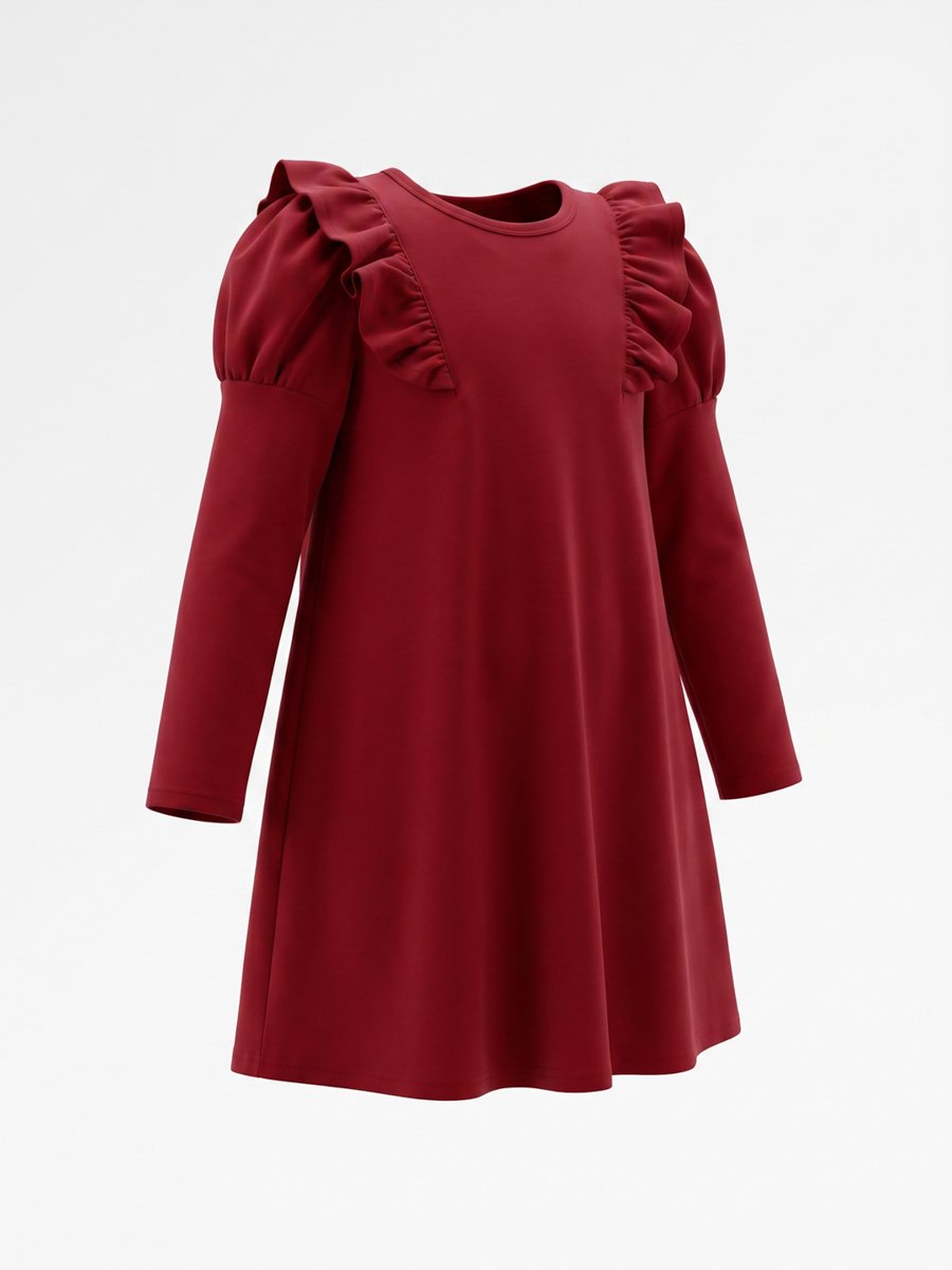 Girls Burgundy A-Line Midi Dress with Ruffle Sleeves