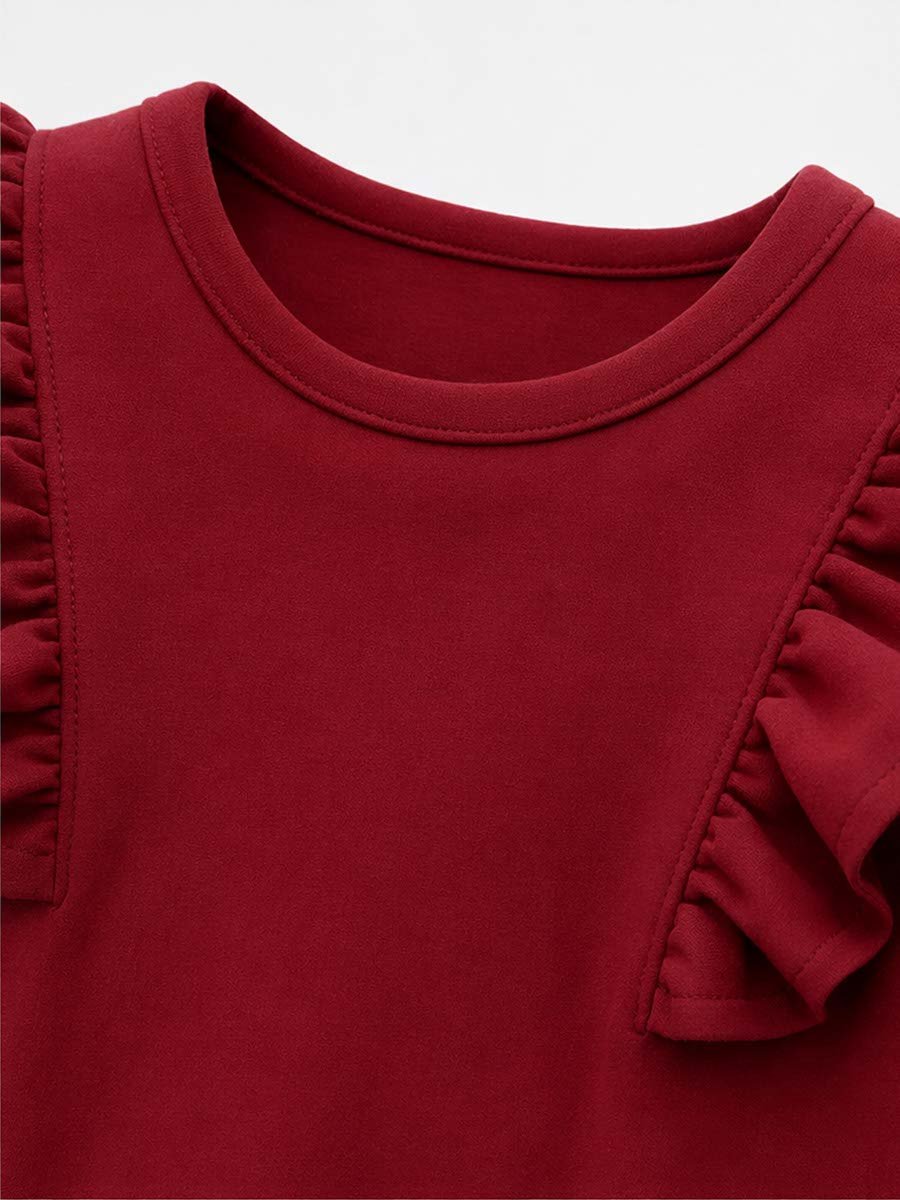 Girls Burgundy A-Line Midi Dress with Ruffle Sleeves