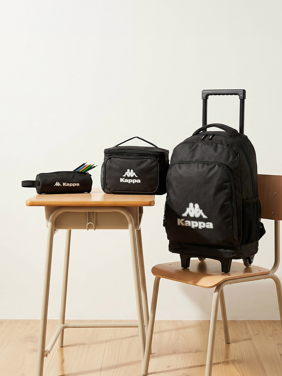Logo Print 3-Piece School Trolley Bag Set with Lunch Bag and Pencil Pouch