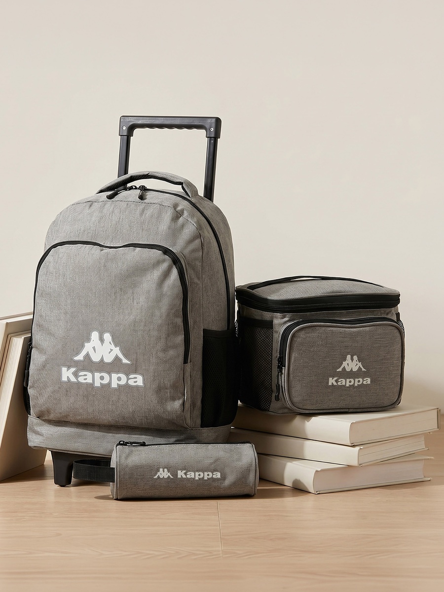 Logo Print 3-Piece School Trolley Bag Set with Lunch Bag and Pencil Pouch
