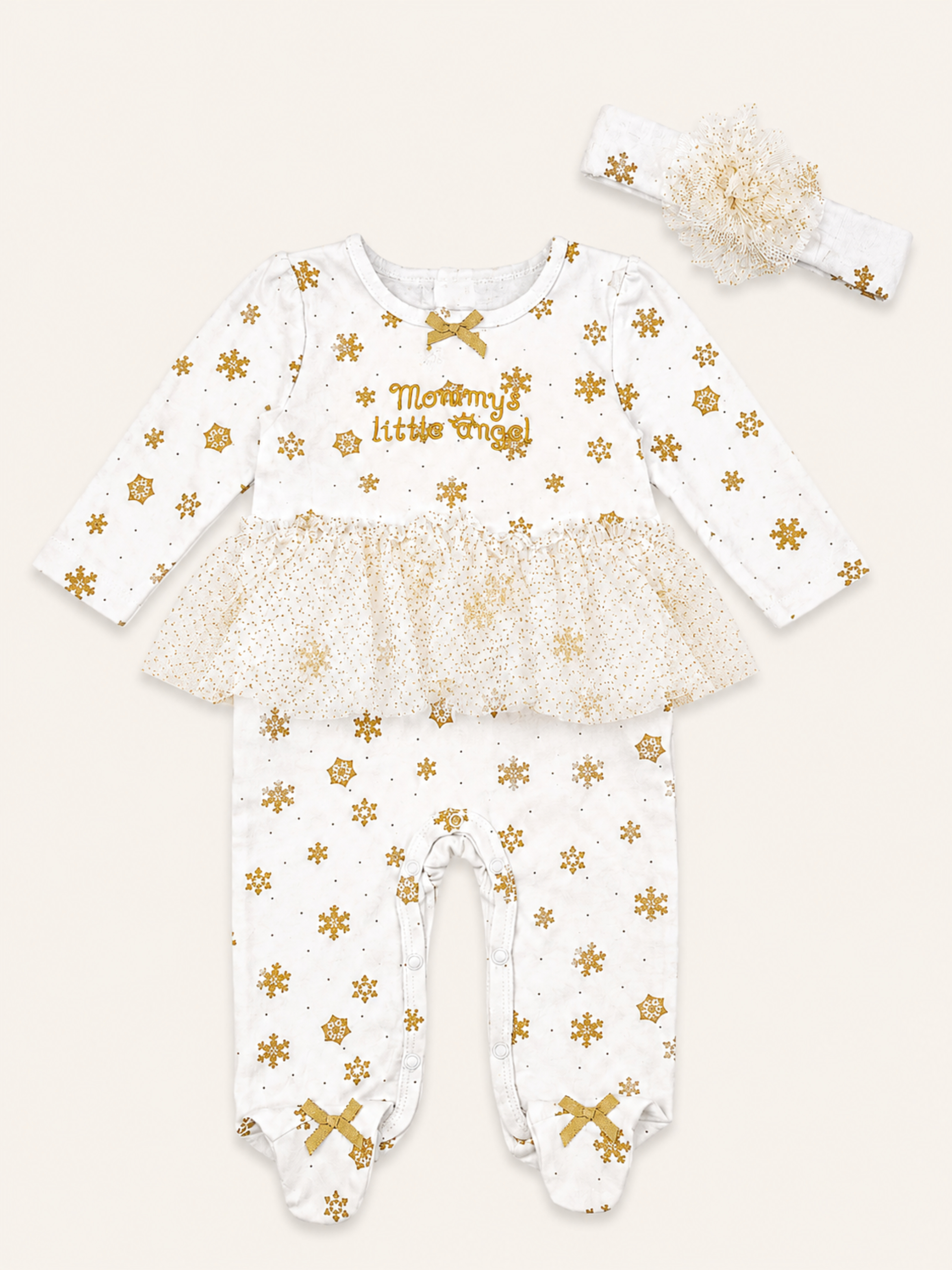 Baby Girl White Snowflake Fit and Flare Romper and Headband Set