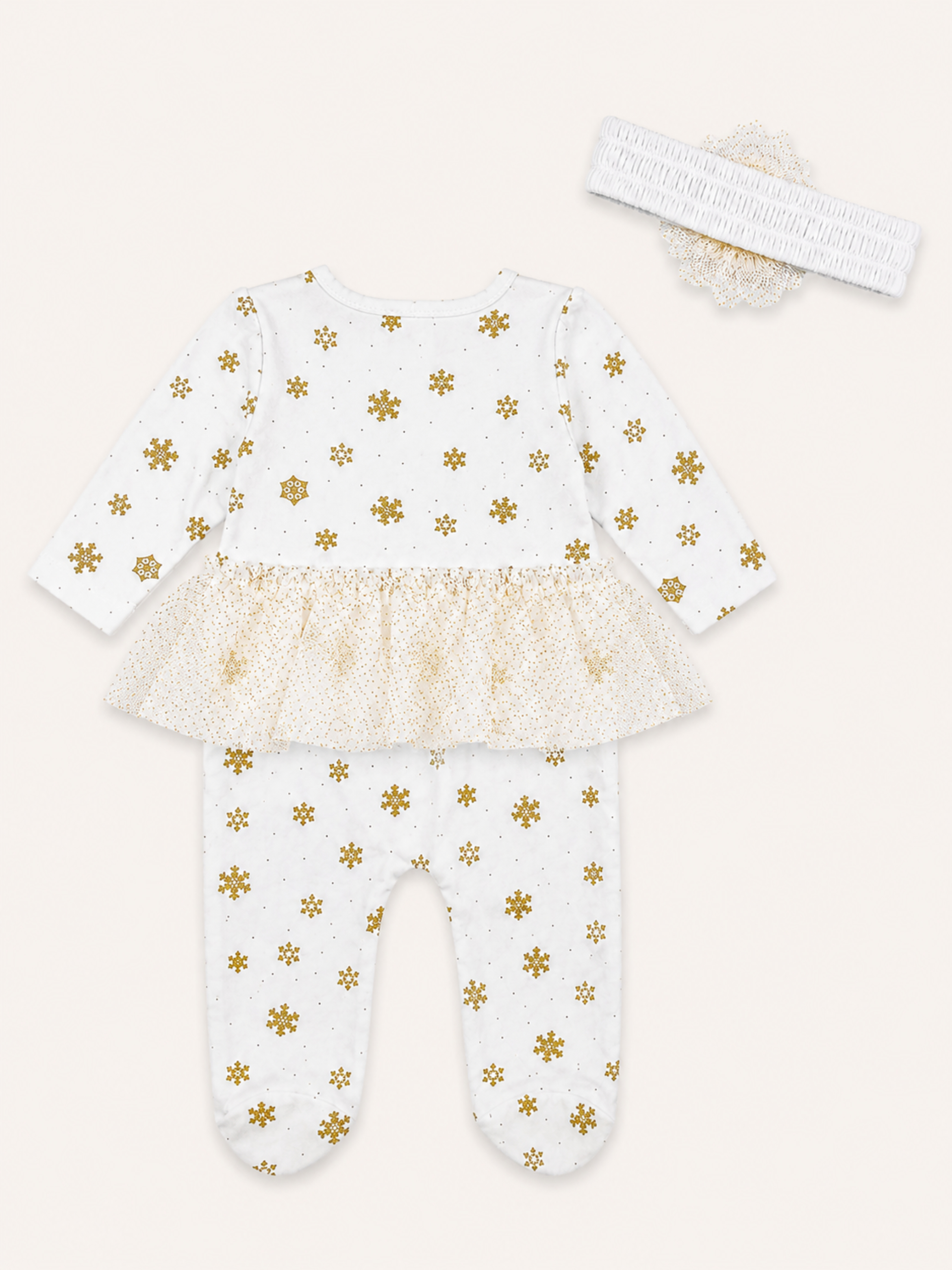 Baby Girl White Snowflake Fit and Flare Romper and Headband Set