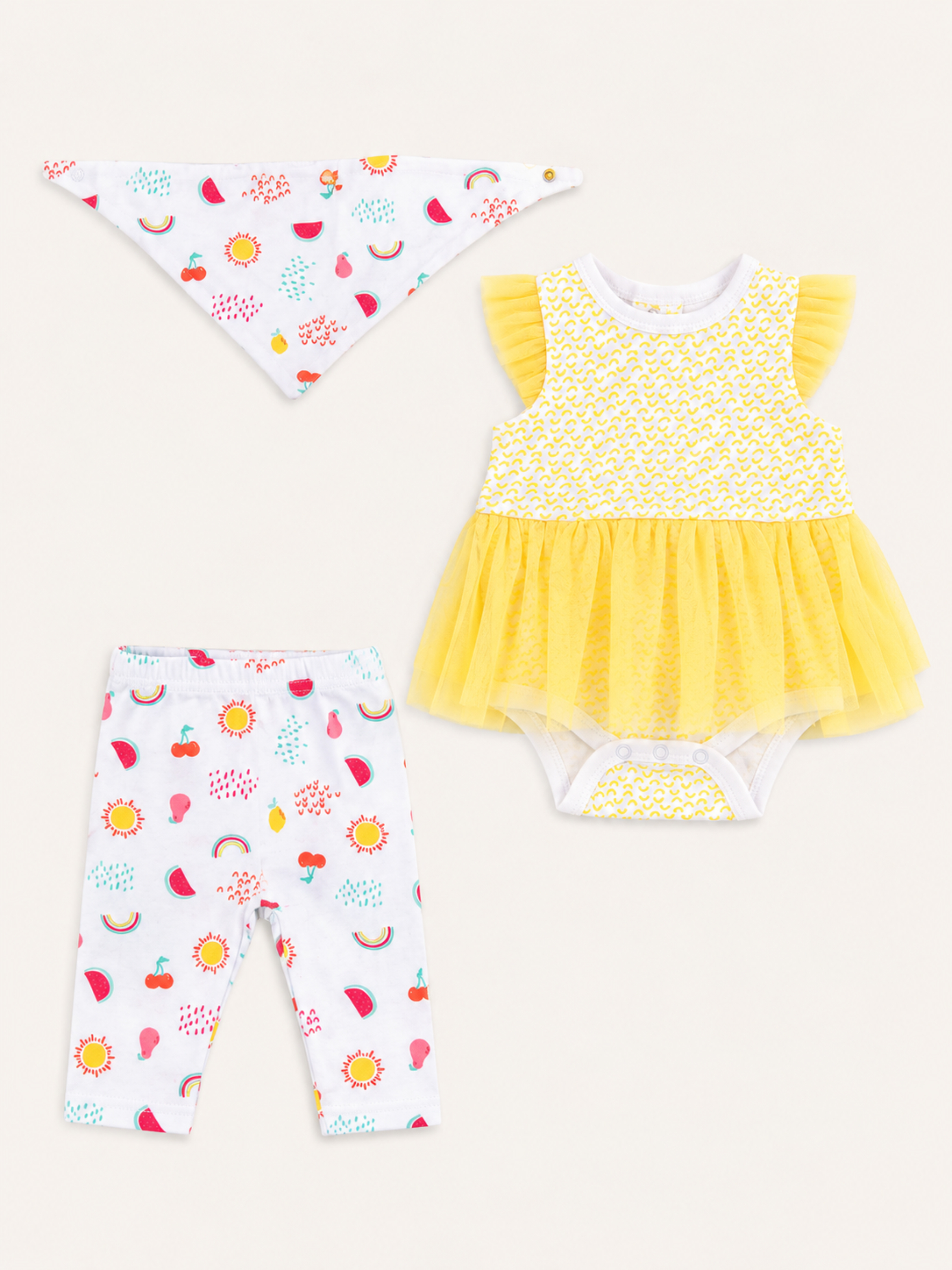 Baby Girls Princess Summer Fun Bodysuit, Leggings and Bib Set