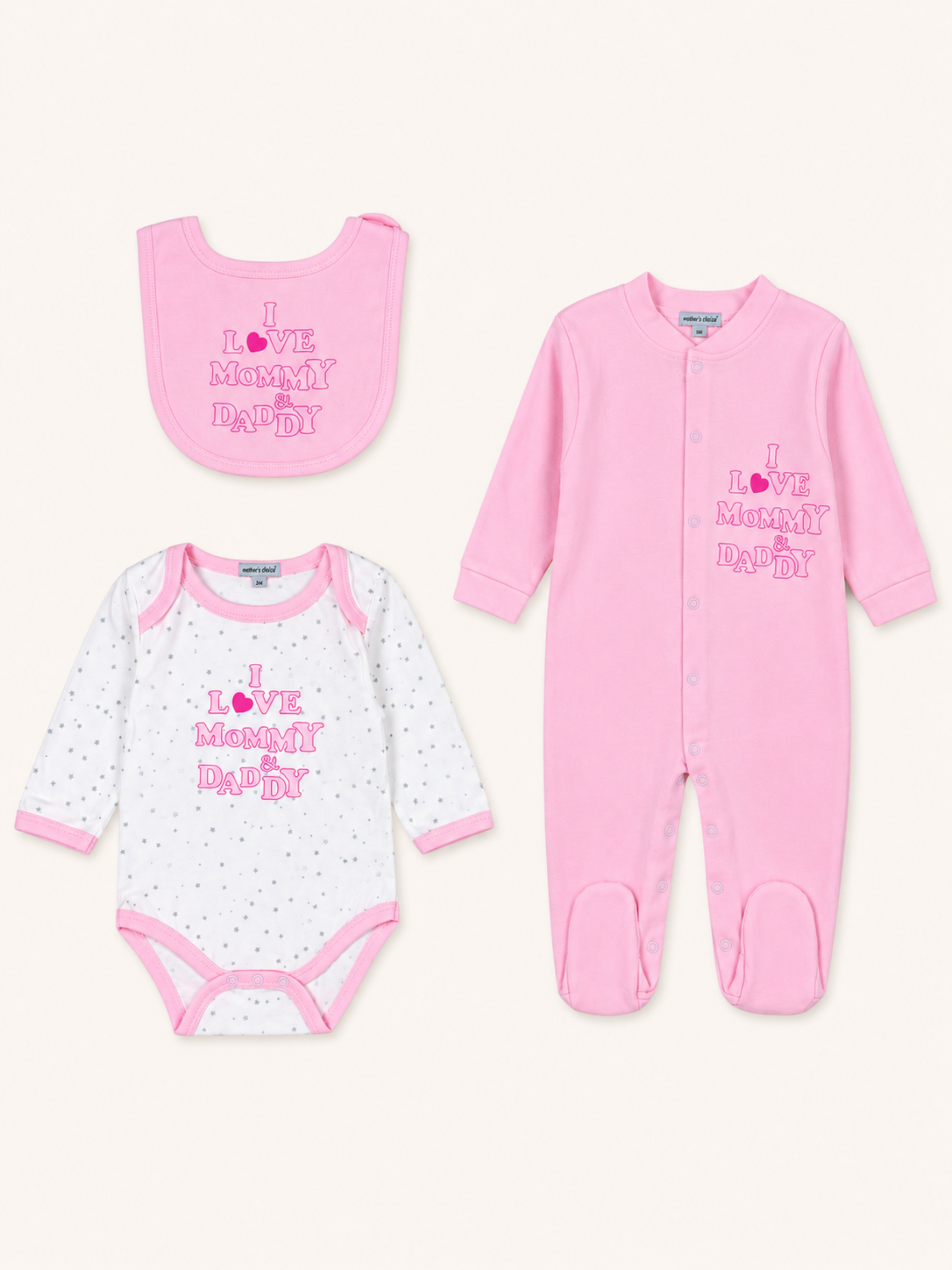 Baby Girl Pink I Love Mommy and Daddy 3-Piece Cotton Set - Bodysuit, Footed Jumpsuit and Bib