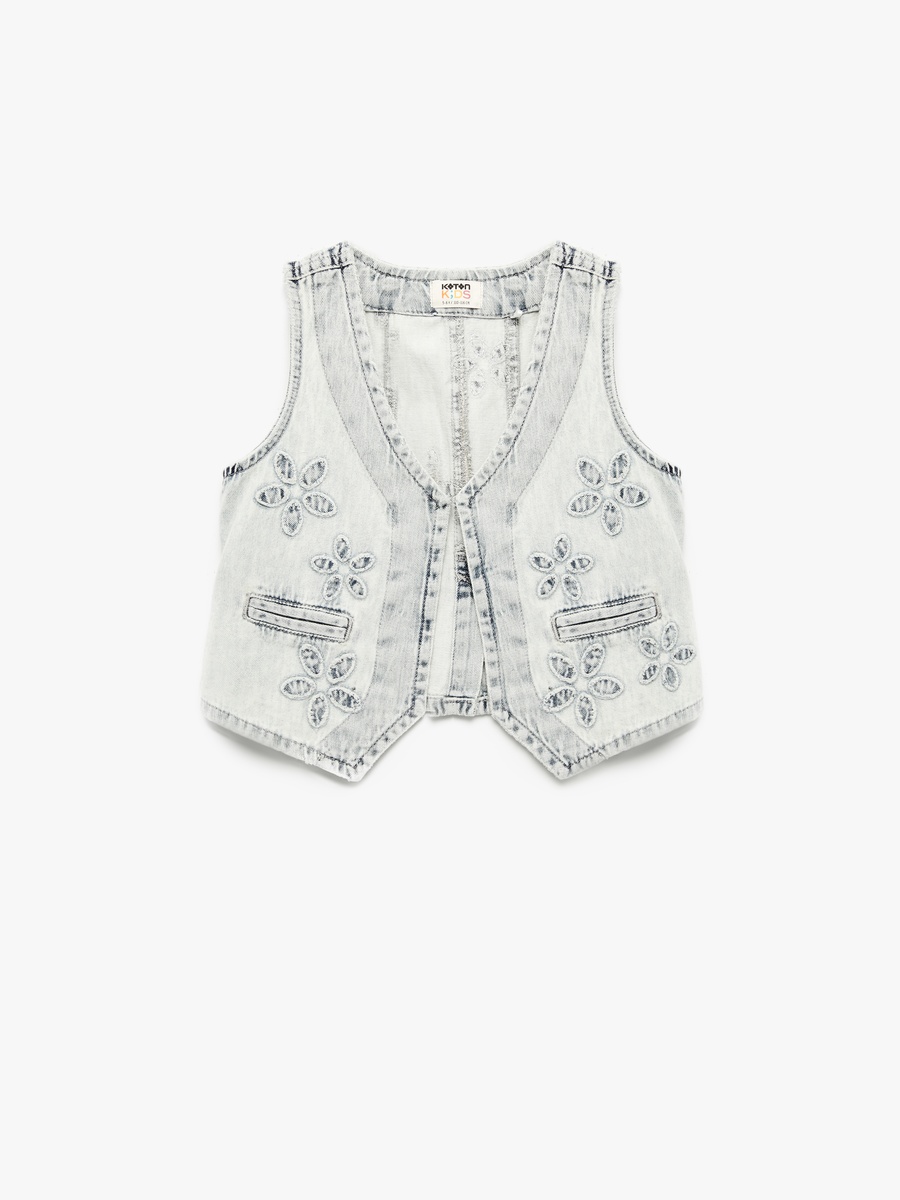 Floral Embroidered V Neck Denim Vest