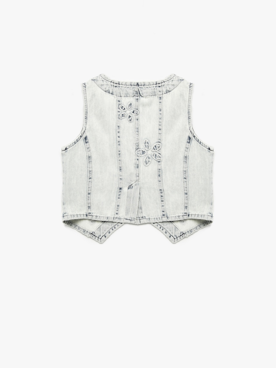 Floral Embroidered V Neck Denim Vest