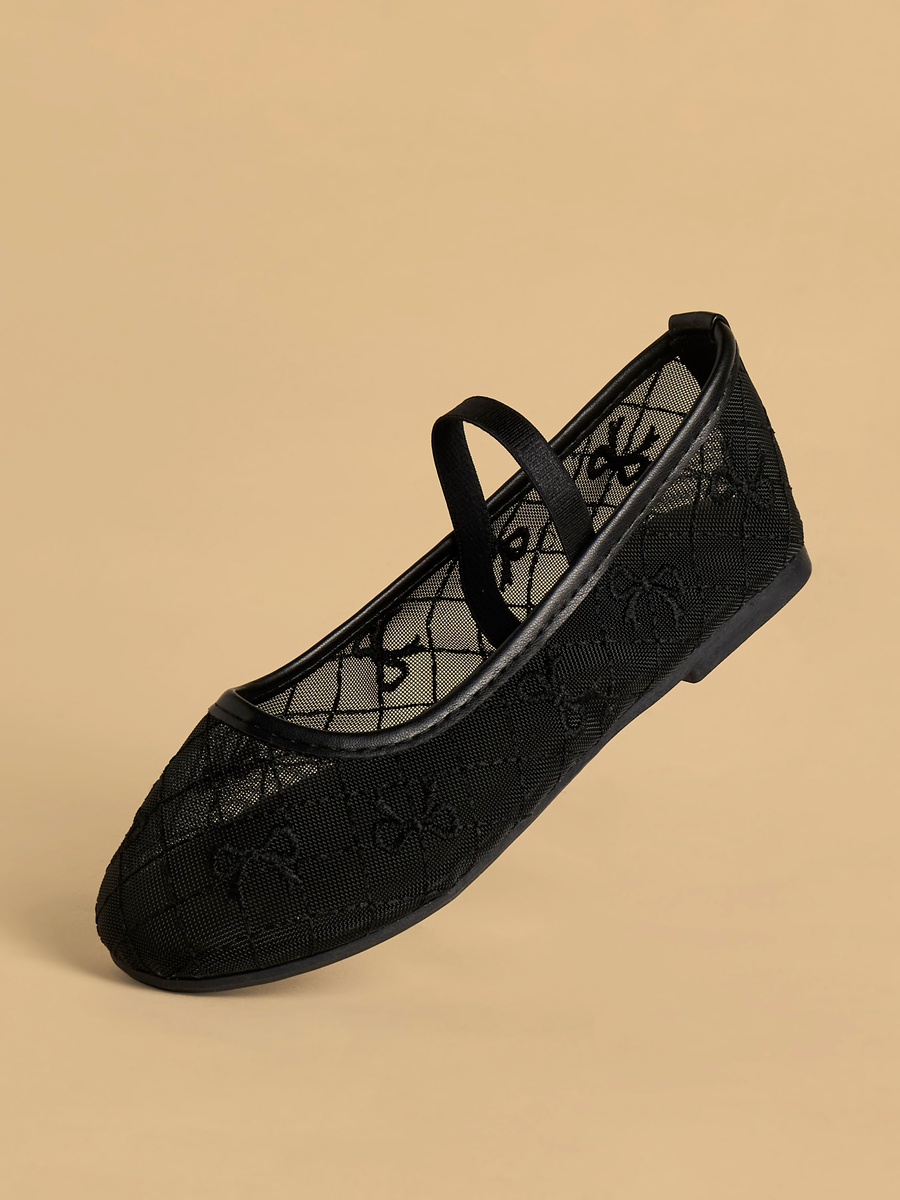 Bow Embroidered Mesh Ballerina Shoes with Elasticated Strap