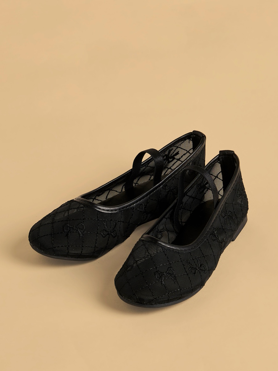 Bow Embroidered Mesh Ballerina Shoes with Elasticated Strap
