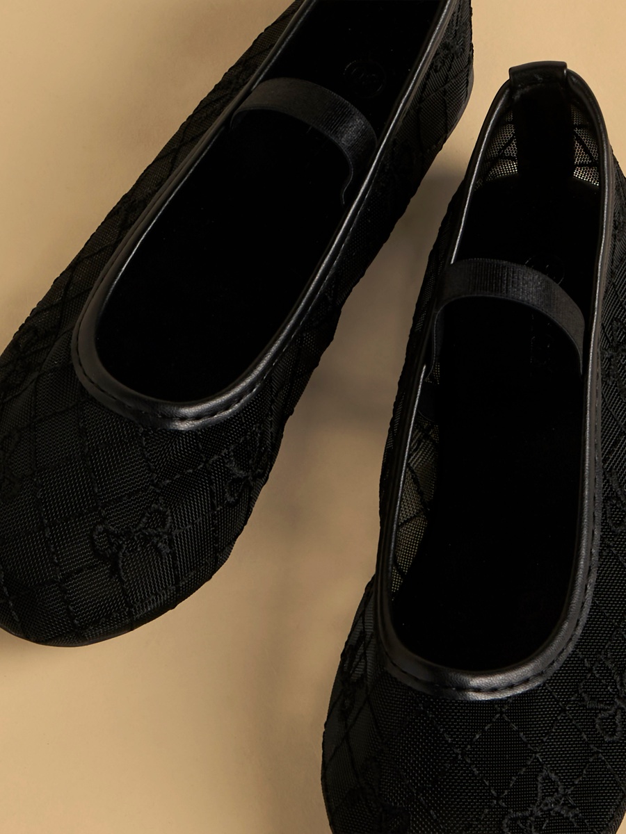 Bow Embroidered Mesh Ballerina Shoes with Elasticated Strap