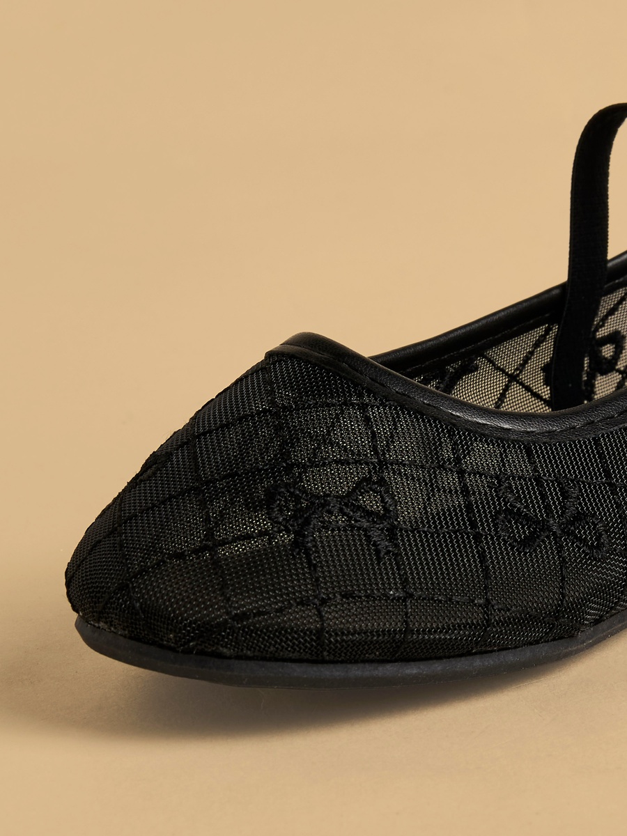 Bow Embroidered Mesh Ballerina Shoes with Elasticated Strap