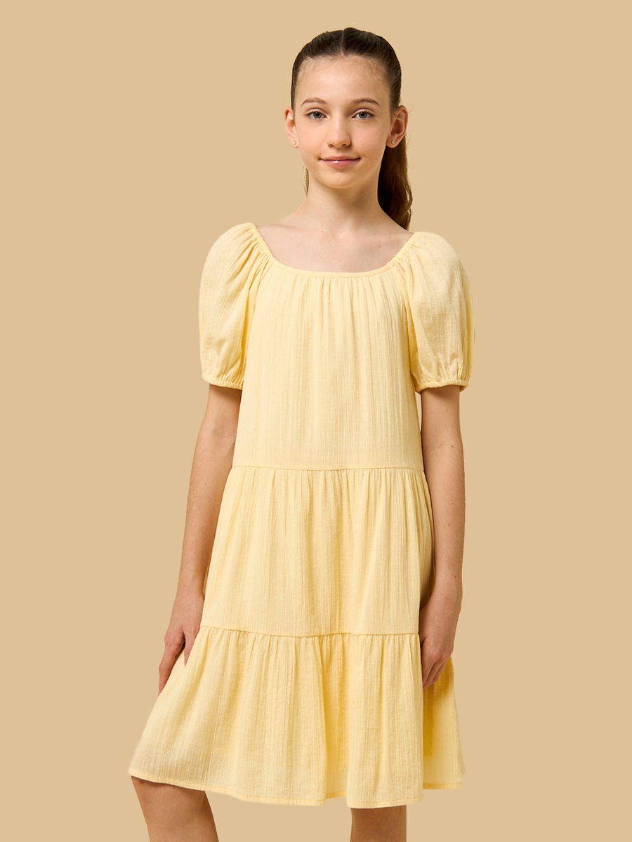 Textured Tiered Cotton Dress with Puff Sleeves