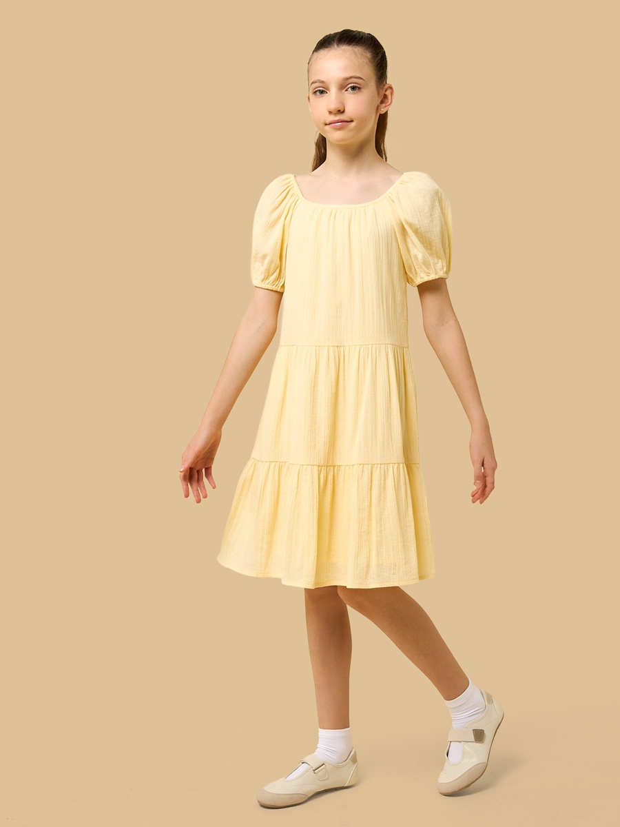 Textured Tiered Cotton Dress with Puff Sleeves