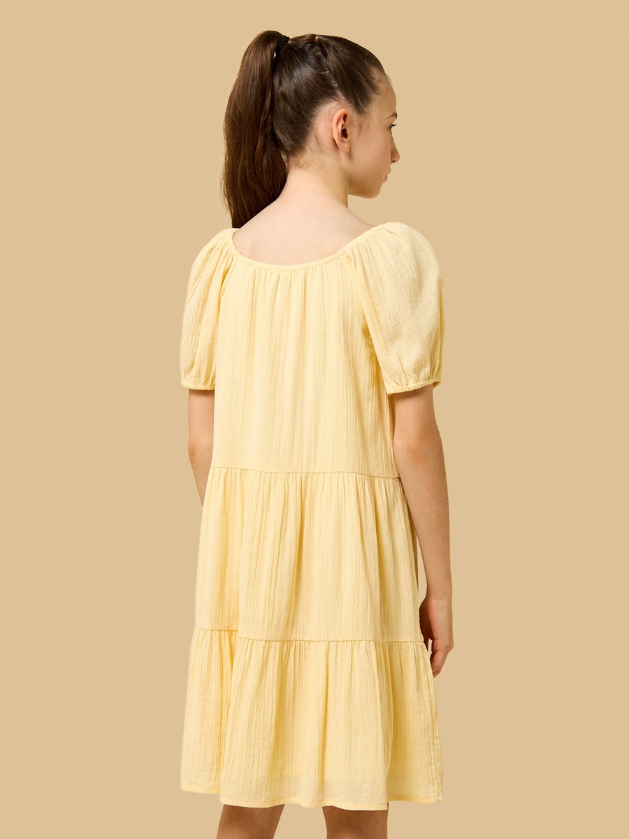 Textured Tiered Cotton Dress with Puff Sleeves