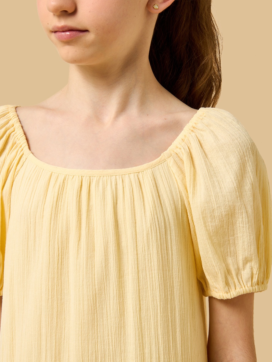 Textured Tiered Cotton Dress with Puff Sleeves
