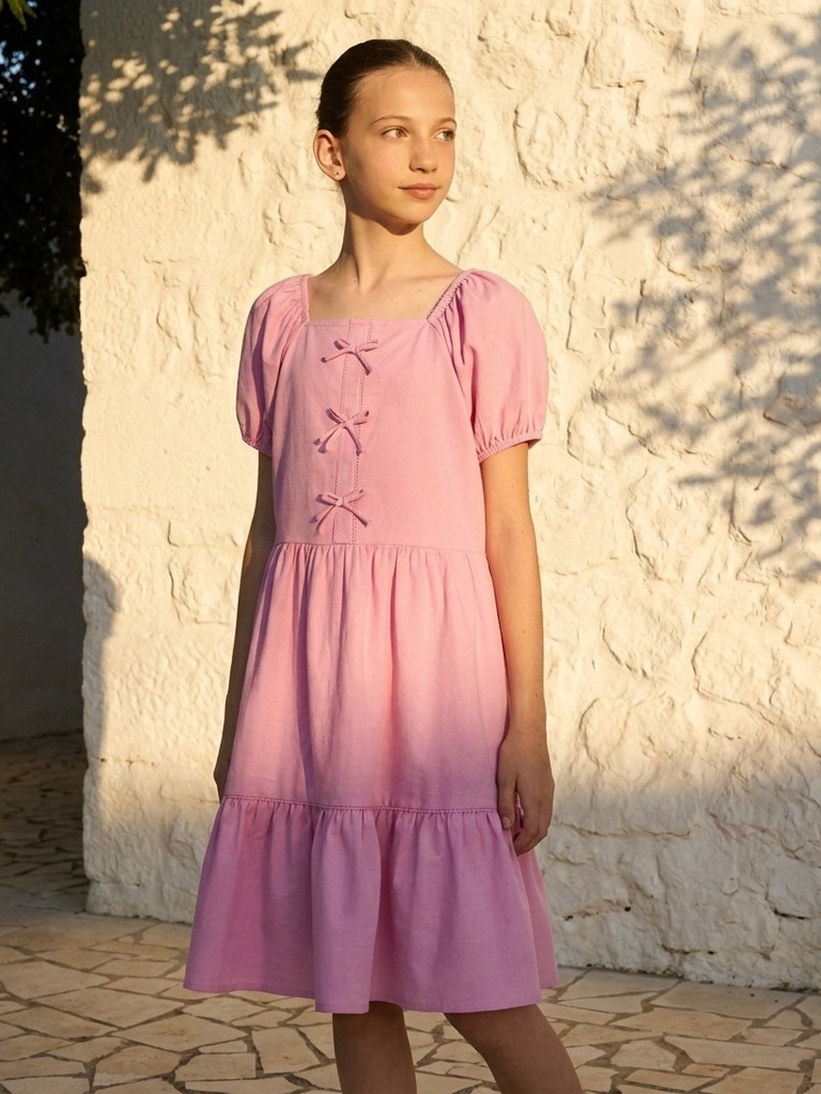 Bow Detail Linen Tiered Dress with Puff Sleeves