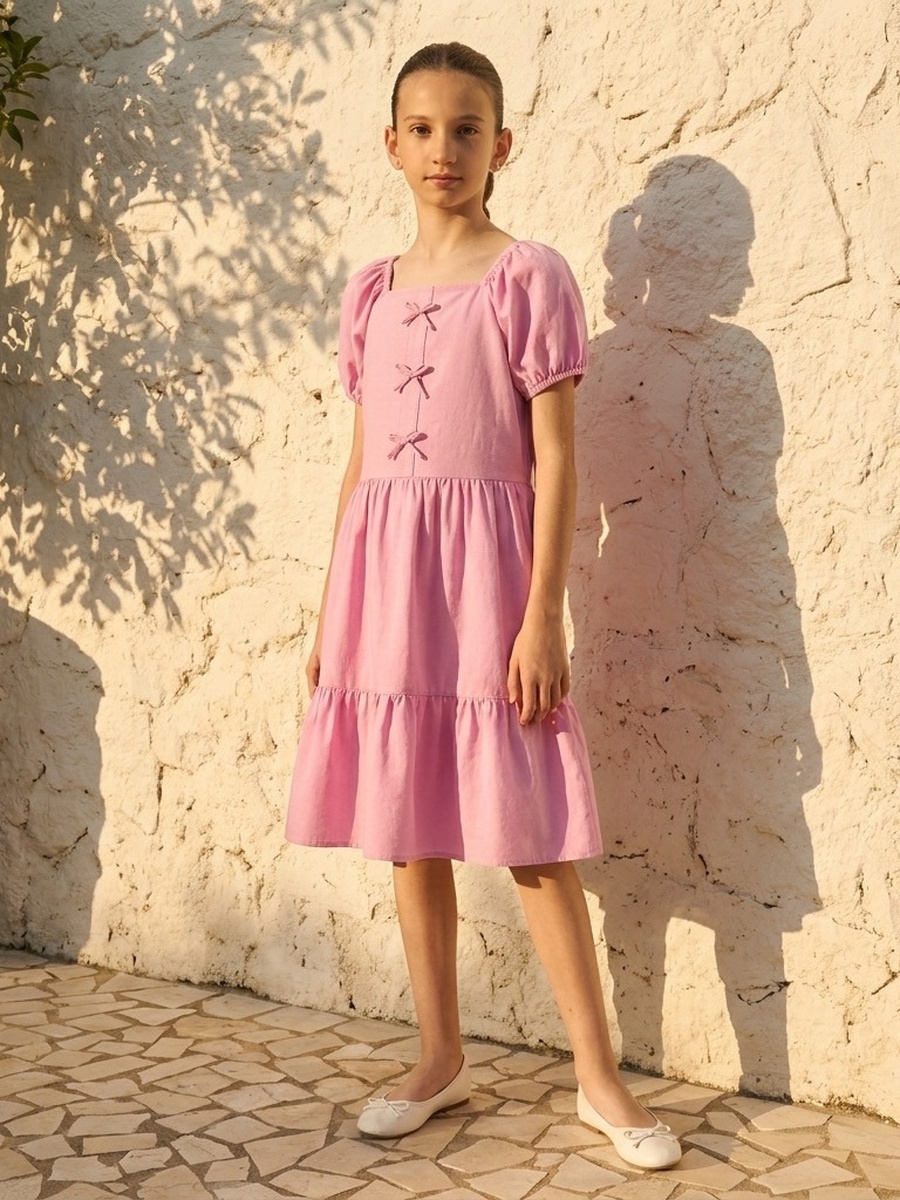 Bow Detail Linen Tiered Dress with Puff Sleeves