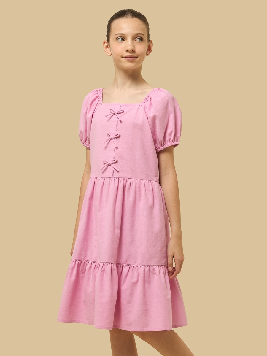Bow Detail Linen Tiered Dress with Puff Sleeves