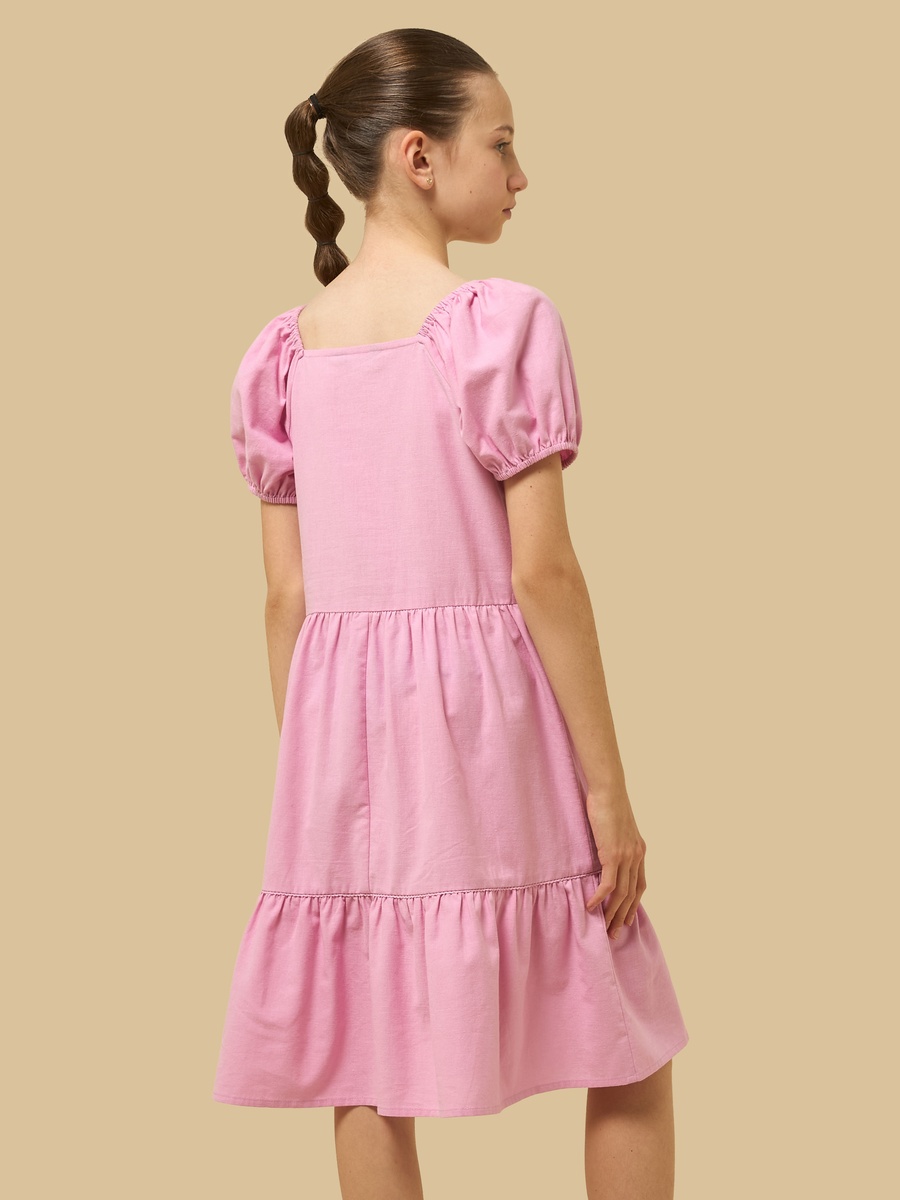Bow Detail Linen Tiered Dress with Puff Sleeves