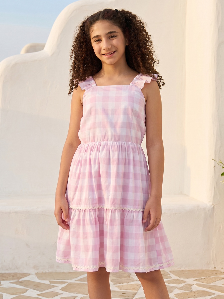 Checked Cotton Tiered Dress with Square Neck