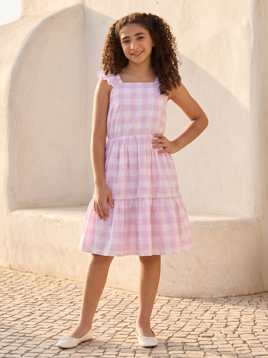 Checked Cotton Tiered Dress with Square Neck