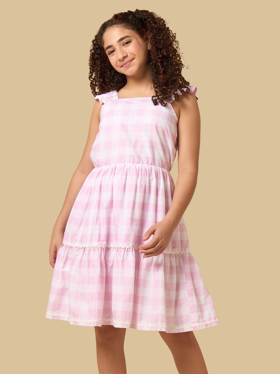 Checked Cotton Tiered Dress with Square Neck